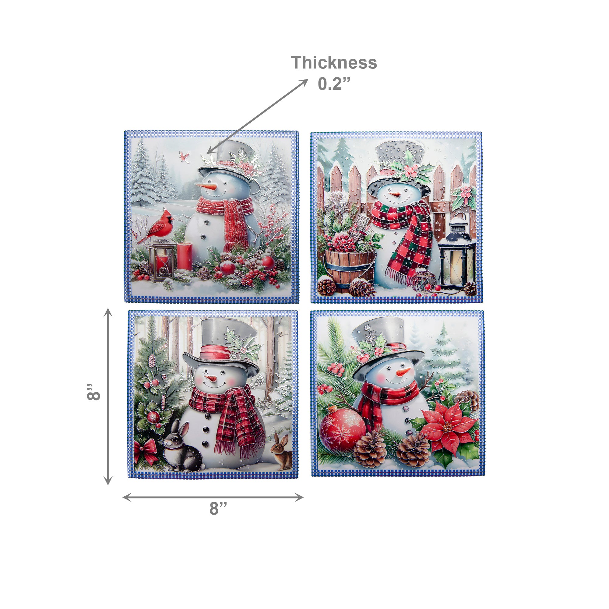 8" Square Ceramic Trivet with Silver Foil Snowman Assorted, Christmas, Holiday Decor- Set of 4