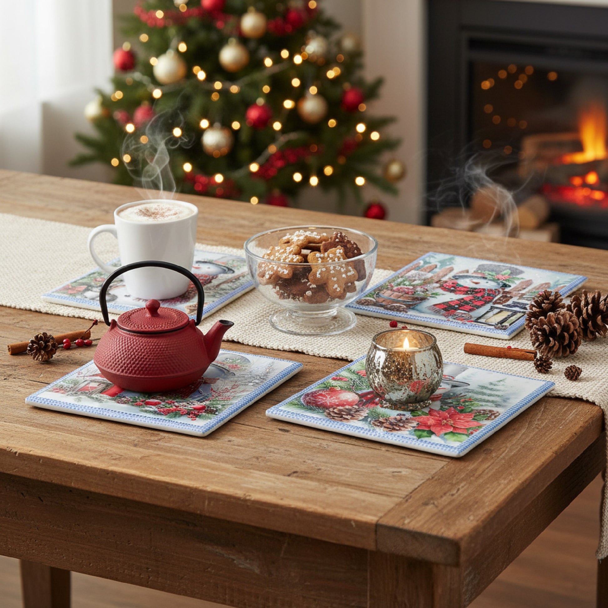 8" Square Ceramic Trivet with Silver Foil Snowman Assorted, Christmas, Holiday Decor- Set of 4