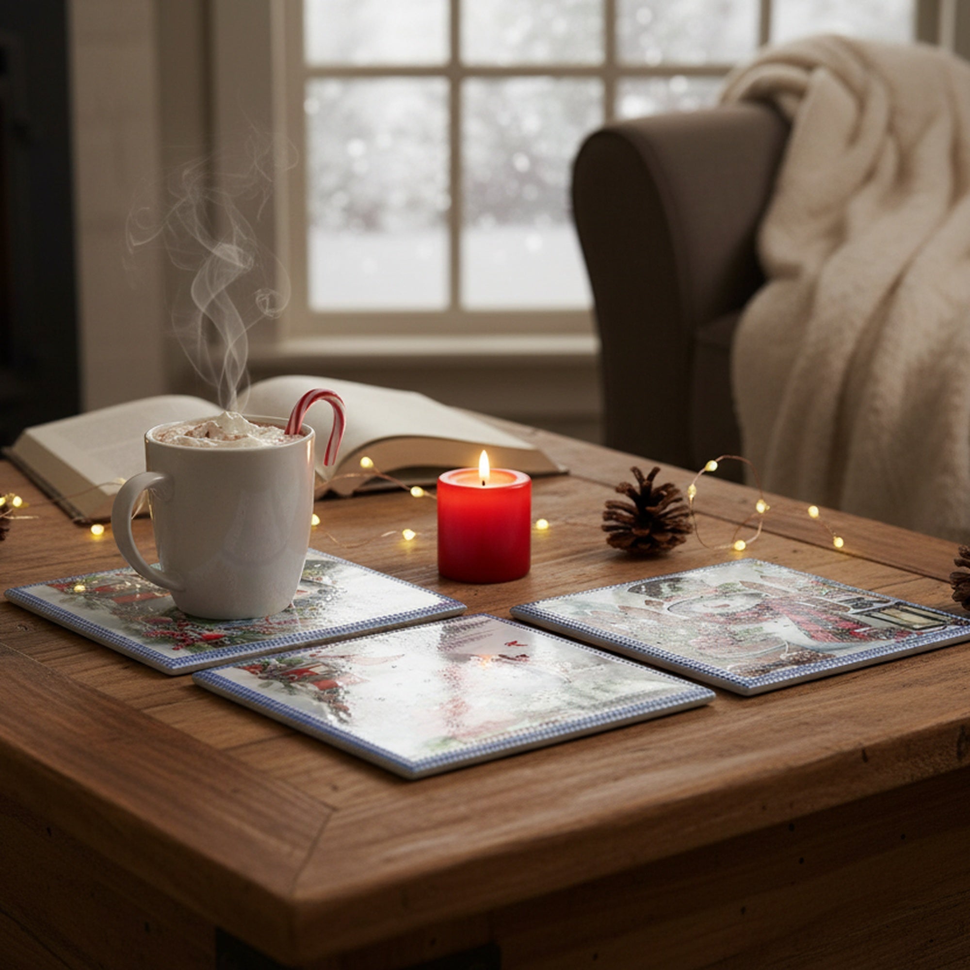 8" Square Ceramic Trivet with Silver Foil Snowman Assorted, Christmas, Holiday Decor- Set of 4