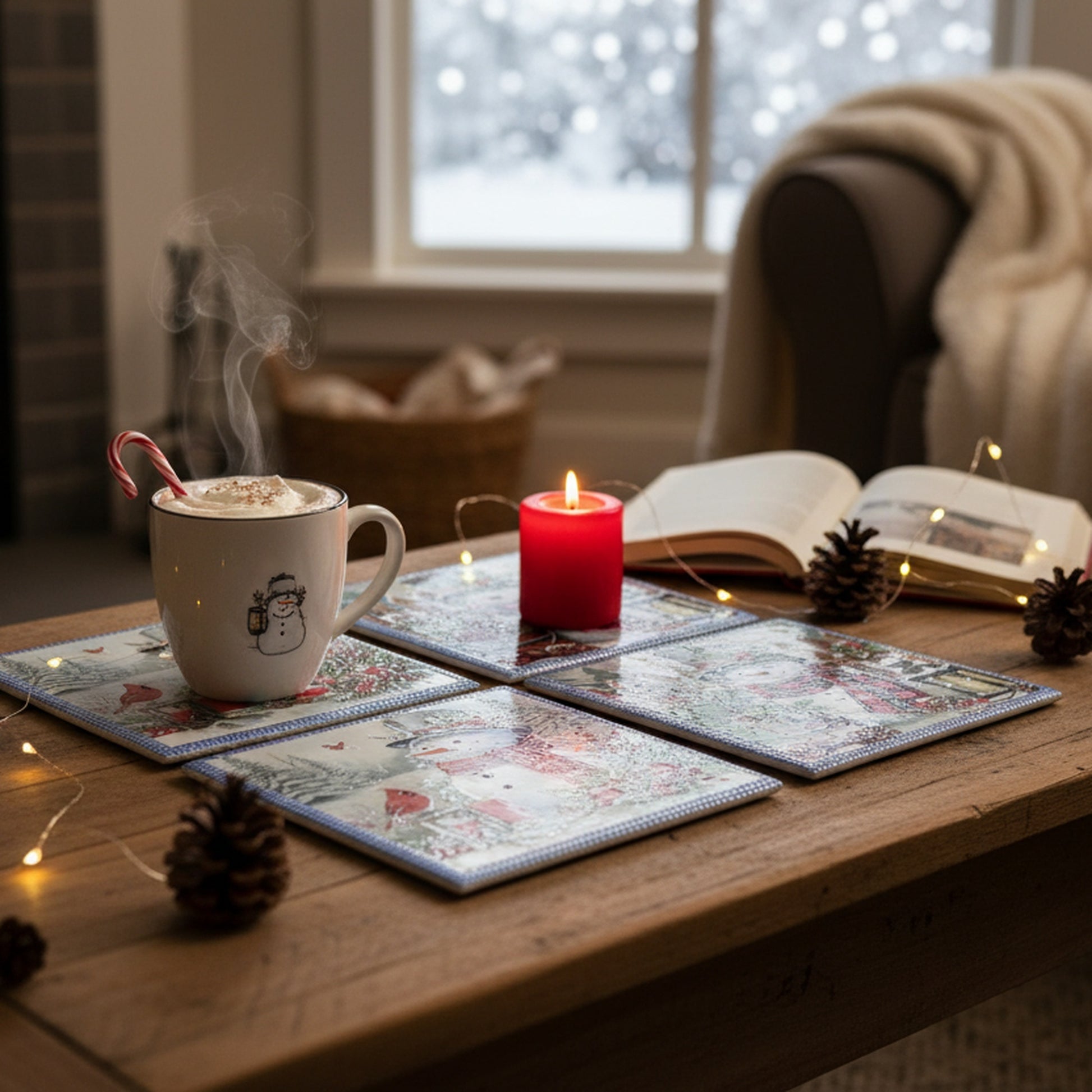 8" Square Ceramic Trivet with Silver Foil Snowman Assorted, Christmas, Holiday Decor- Set of 4