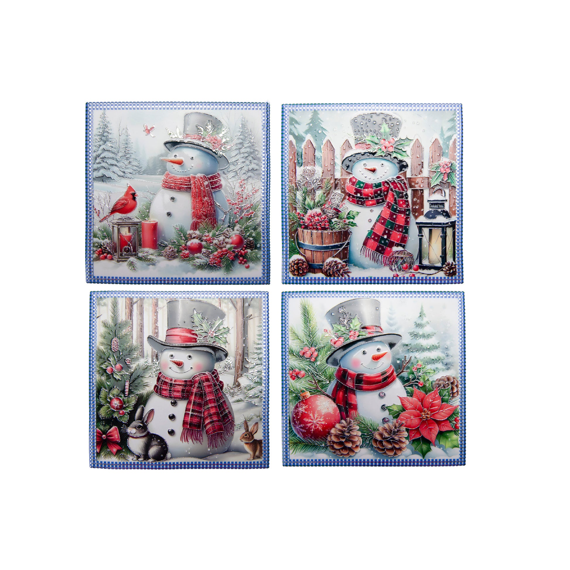 8" Square Ceramic Trivet with Silver Foil Snowman Assorted, Christmas, Holiday Decor- Set of 4