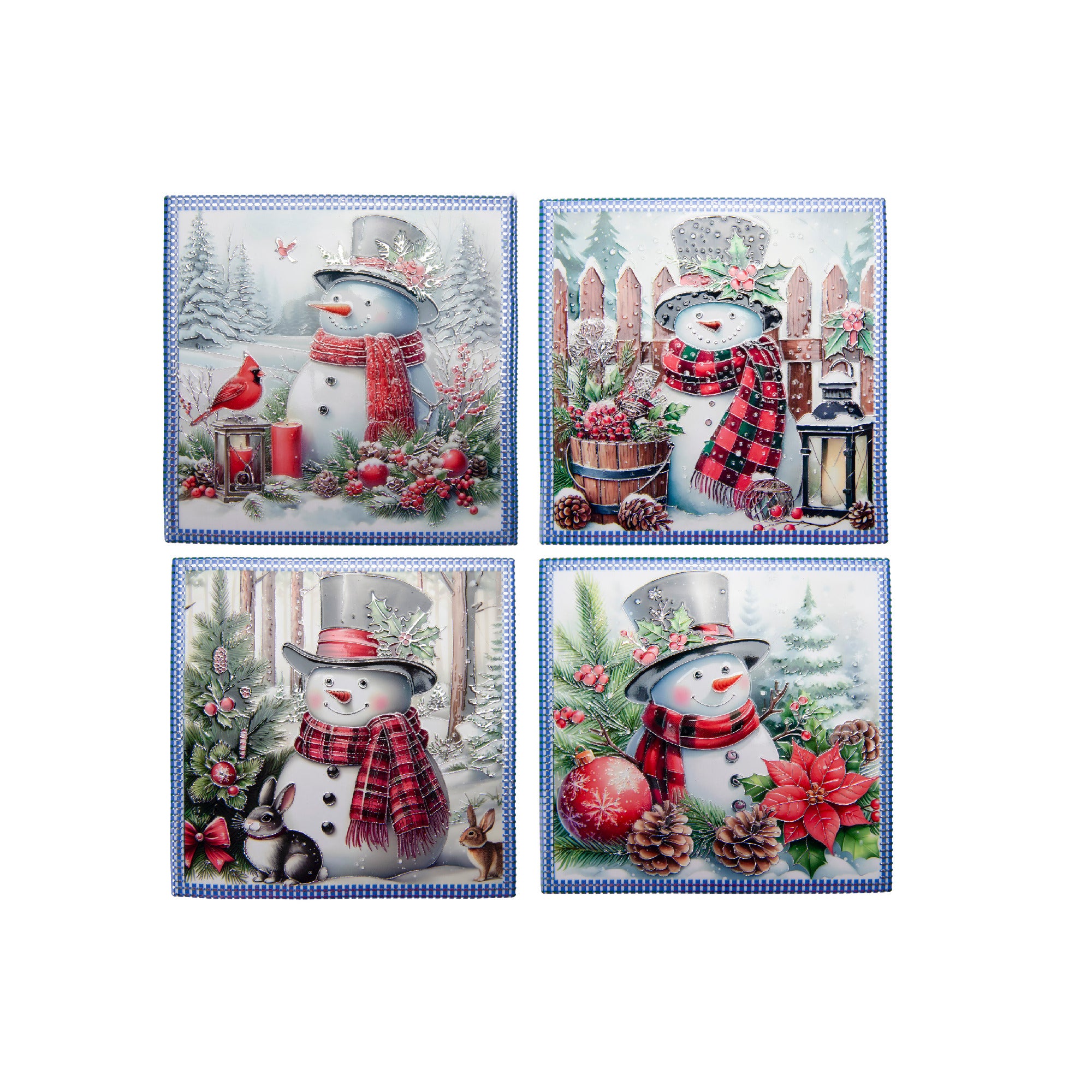 8" Square Ceramic Trivet with Silver Foil Snowman Assorted, Christmas, Holiday Decor- Set of 4