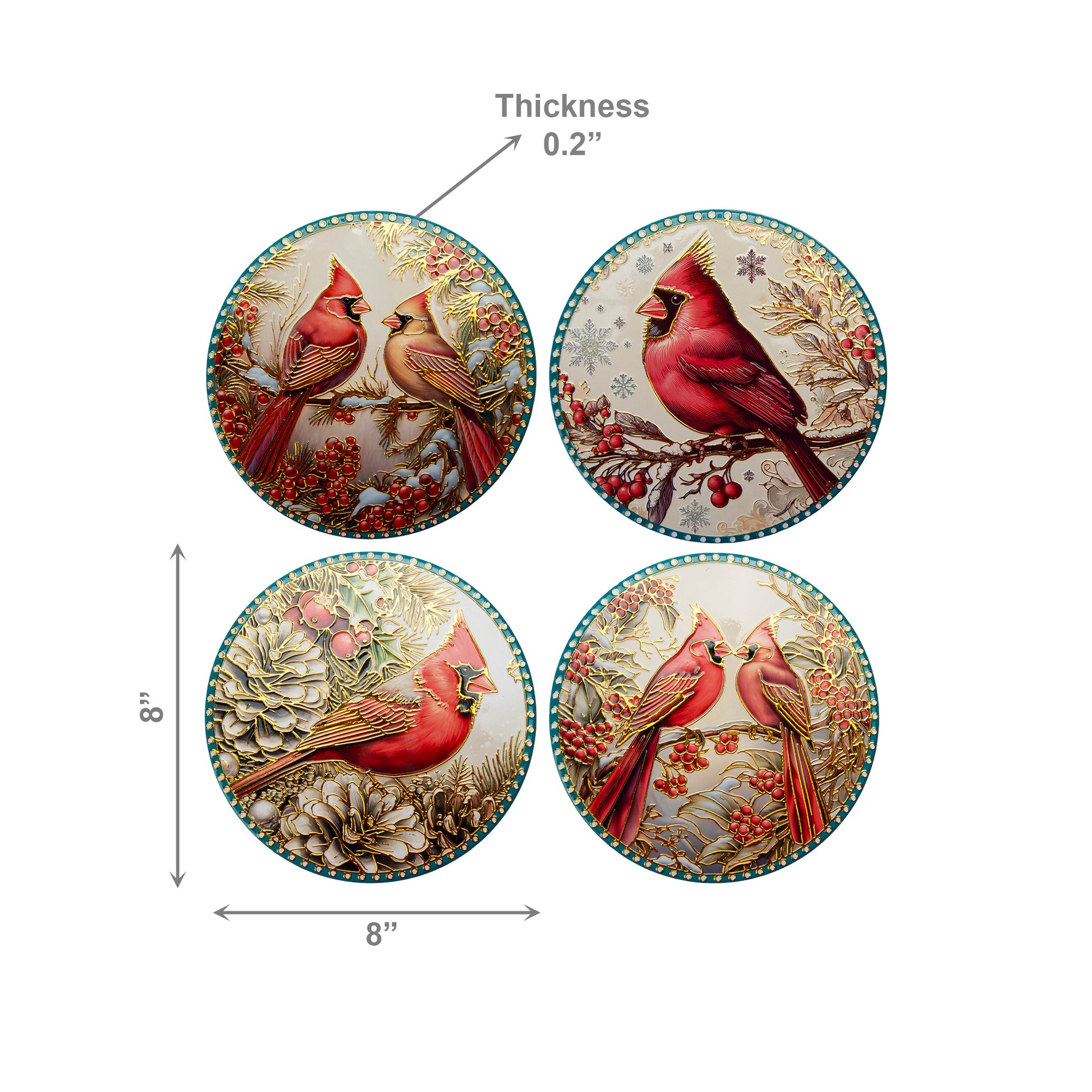 8" Round Ceramic Trivet with Gold Foil Cardinal Assorted, Christmas, Holiday Decor- Set of 4