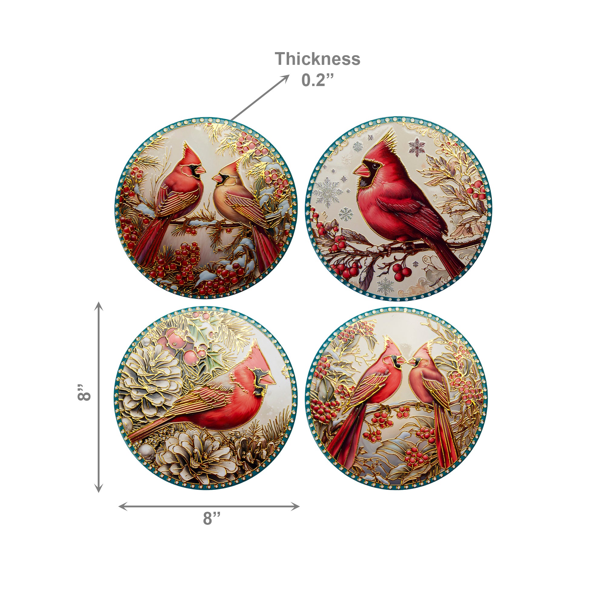 8" Round Ceramic Trivet with Gold Foil Cardinal Assorted, Christmas, Holiday Decor- Set of 4
