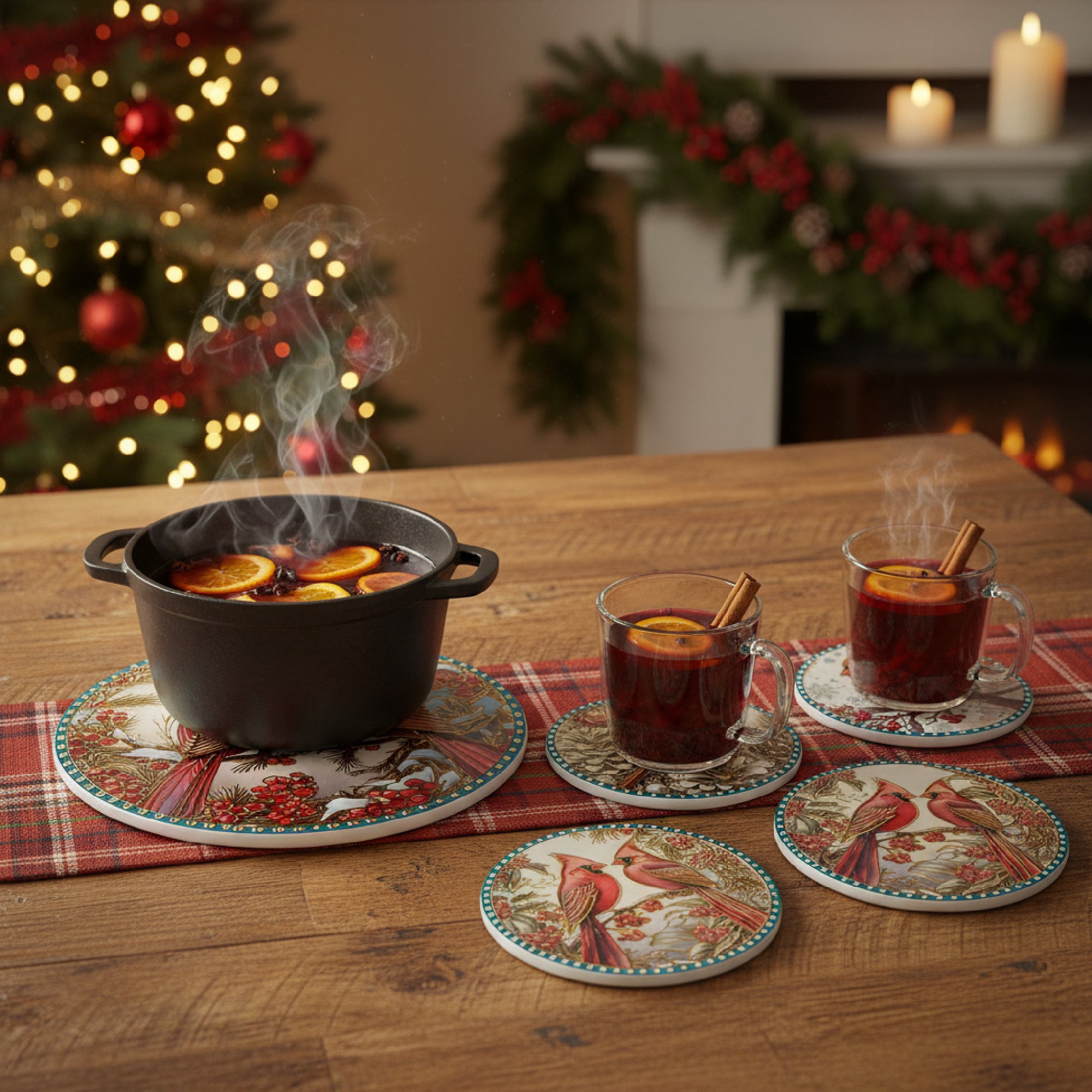 8" Round Ceramic Trivet with Gold Foil Cardinal Assorted, Christmas, Holiday Decor- Set of 4