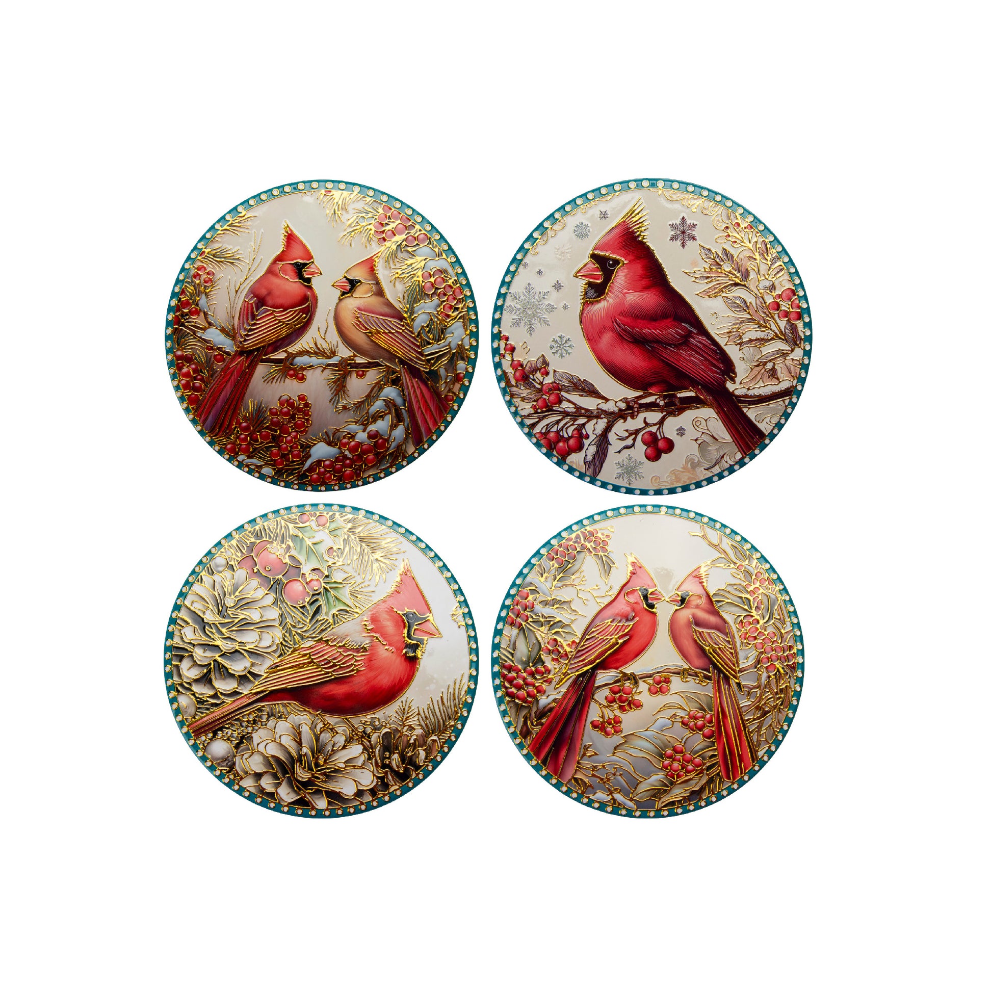 8" Round Ceramic Trivet with Gold Foil Cardinal Assorted, Christmas, Holiday Decor- Set of 4
