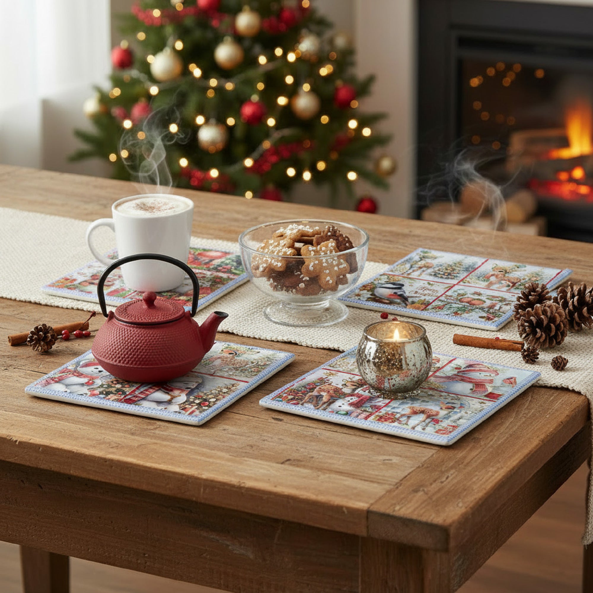 8" Square 4 Section Ceramic Trivet with Gold Foil Assorted, Holiday Decor- Set of 4