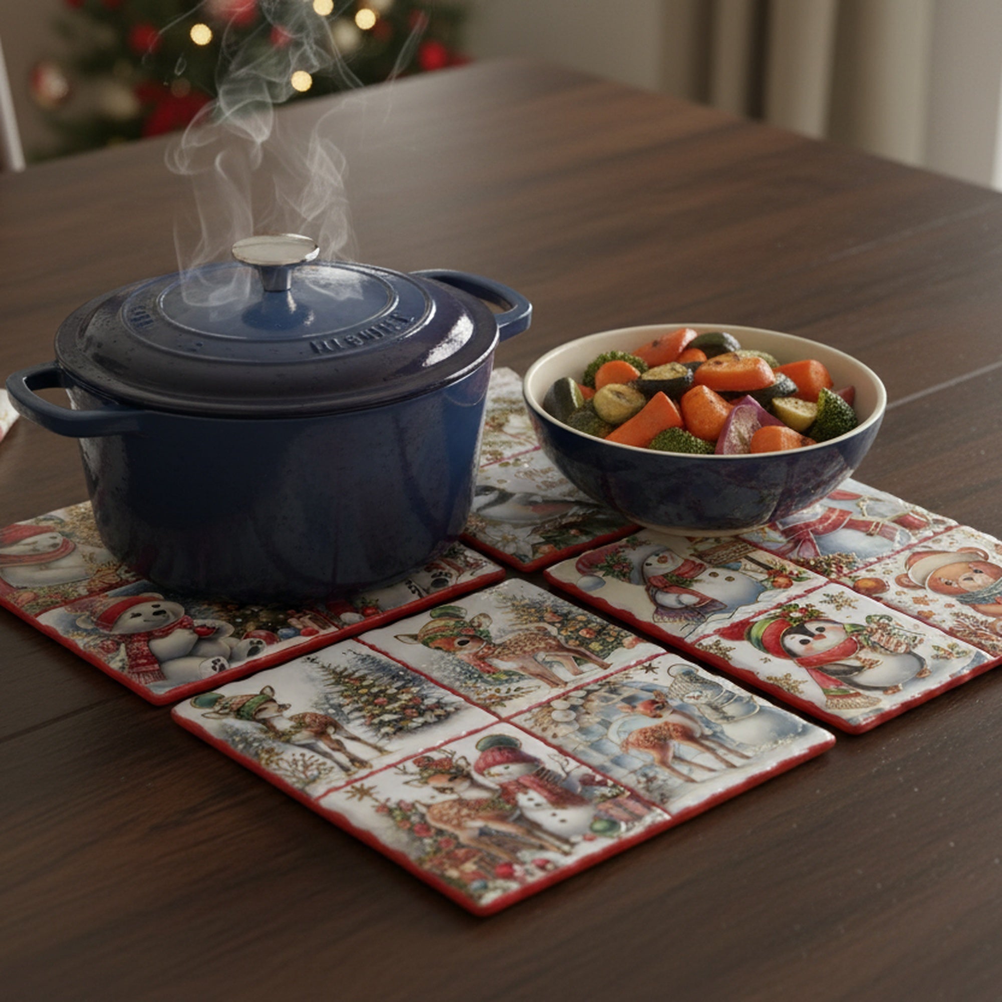 8" Square 4 Section Ceramic Trivet with Gold Foil Assorted, Holiday Decor- Set of 4