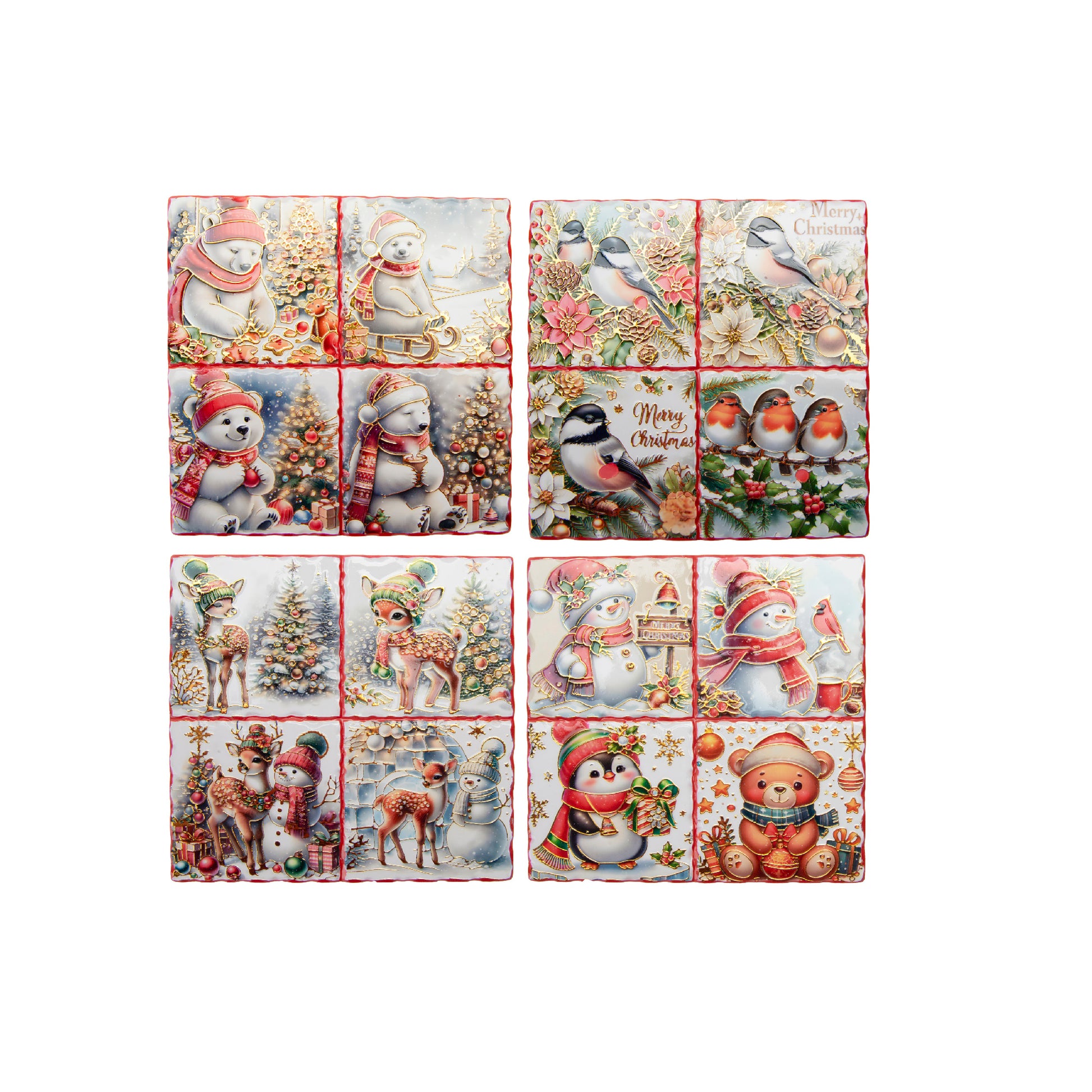8" Square 4 Section Ceramic Trivet with Gold Foil Assorted, Holiday Decor- Set of 4