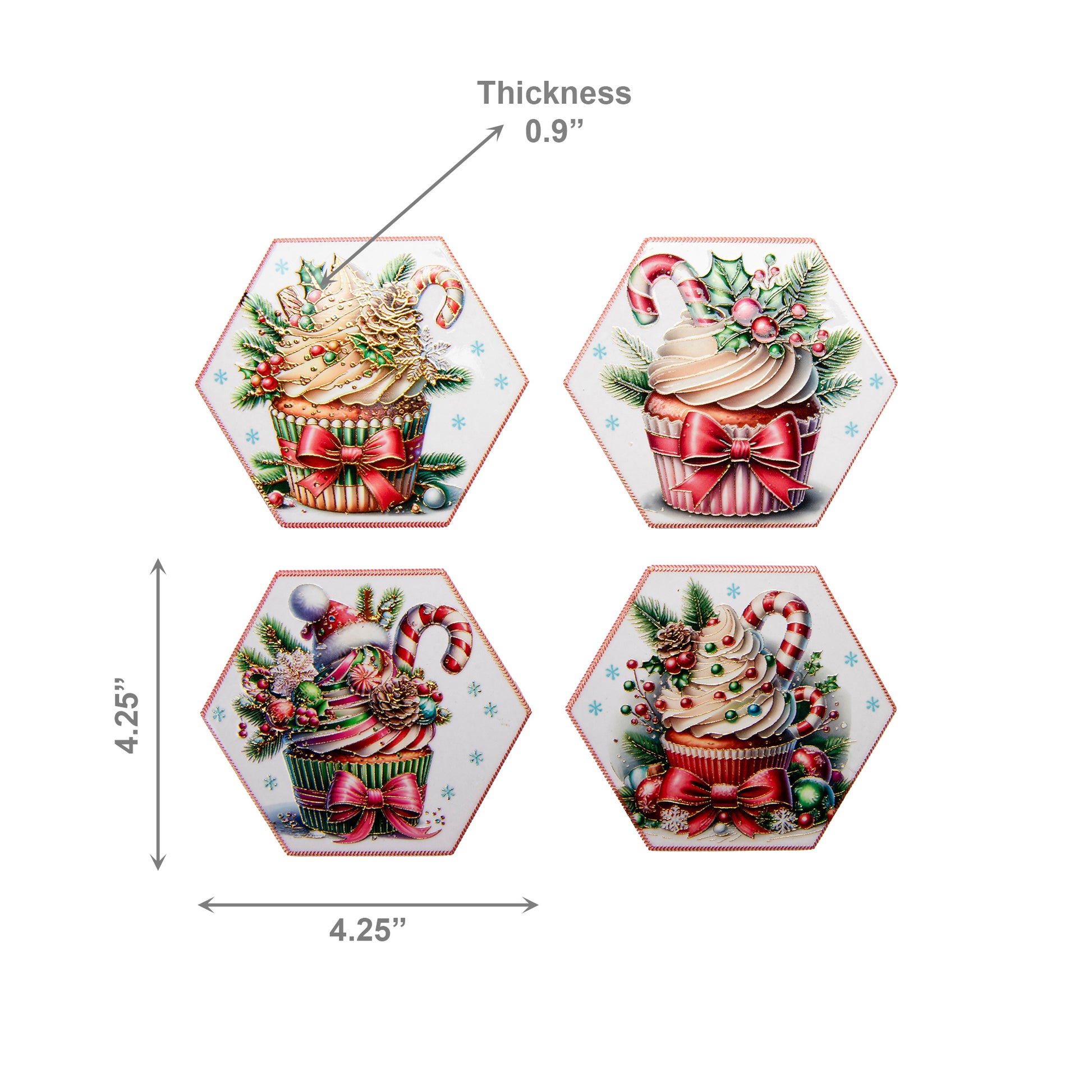 4 Piece Hexagon Ceramic Coasters with Gold Foil Cupcake, Holiday Decor