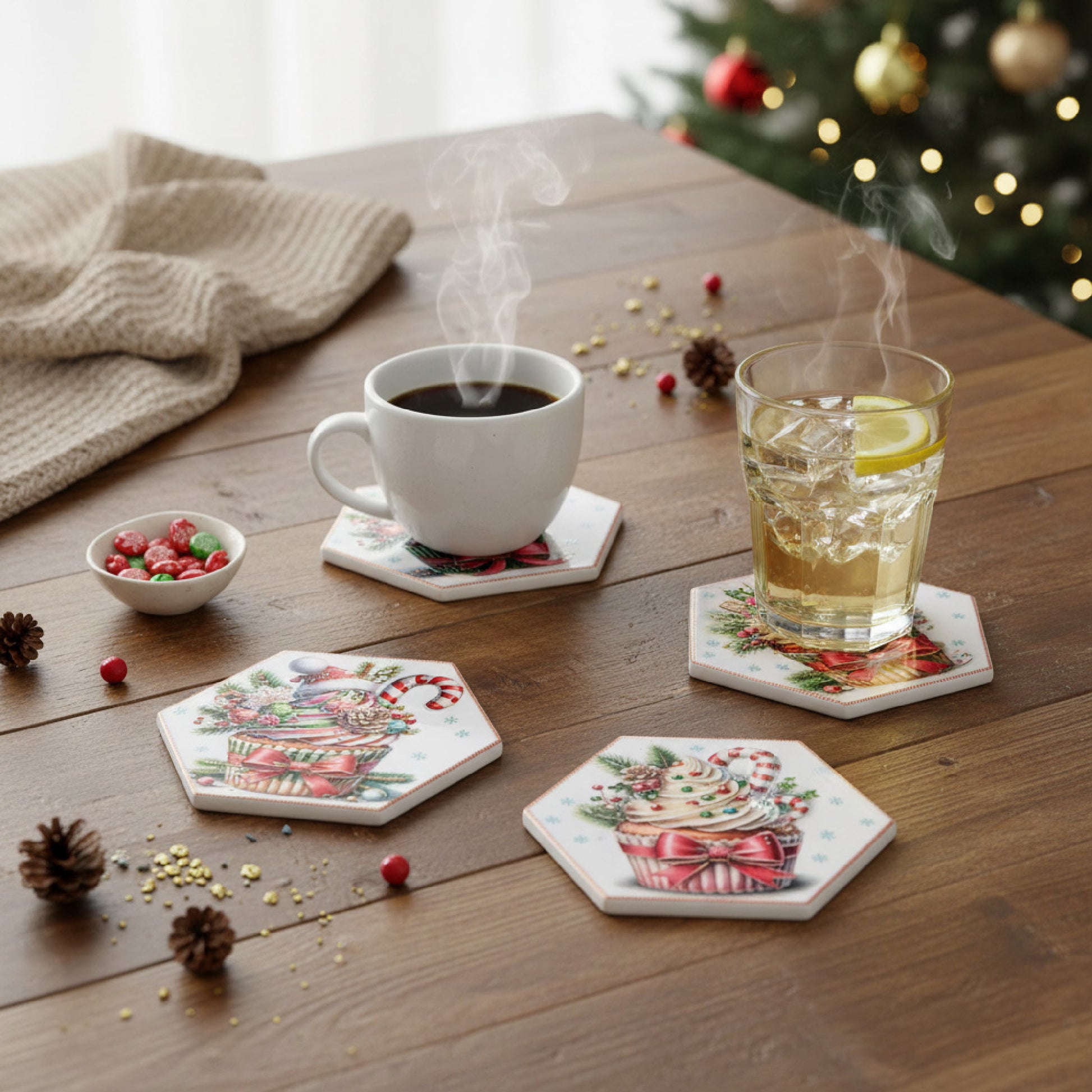 4 Piece Hexagon Ceramic Coasters with Gold Foil Cupcake, Holiday Decor