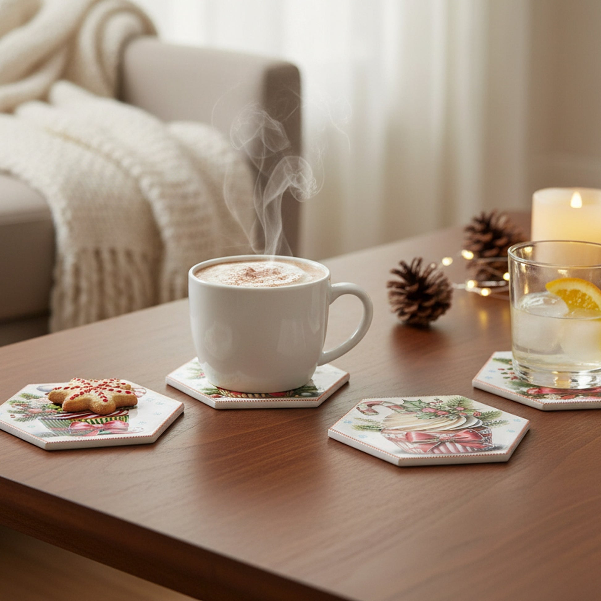4 Piece Hexagon Ceramic Coasters with Gold Foil Cupcake, Holiday Decor