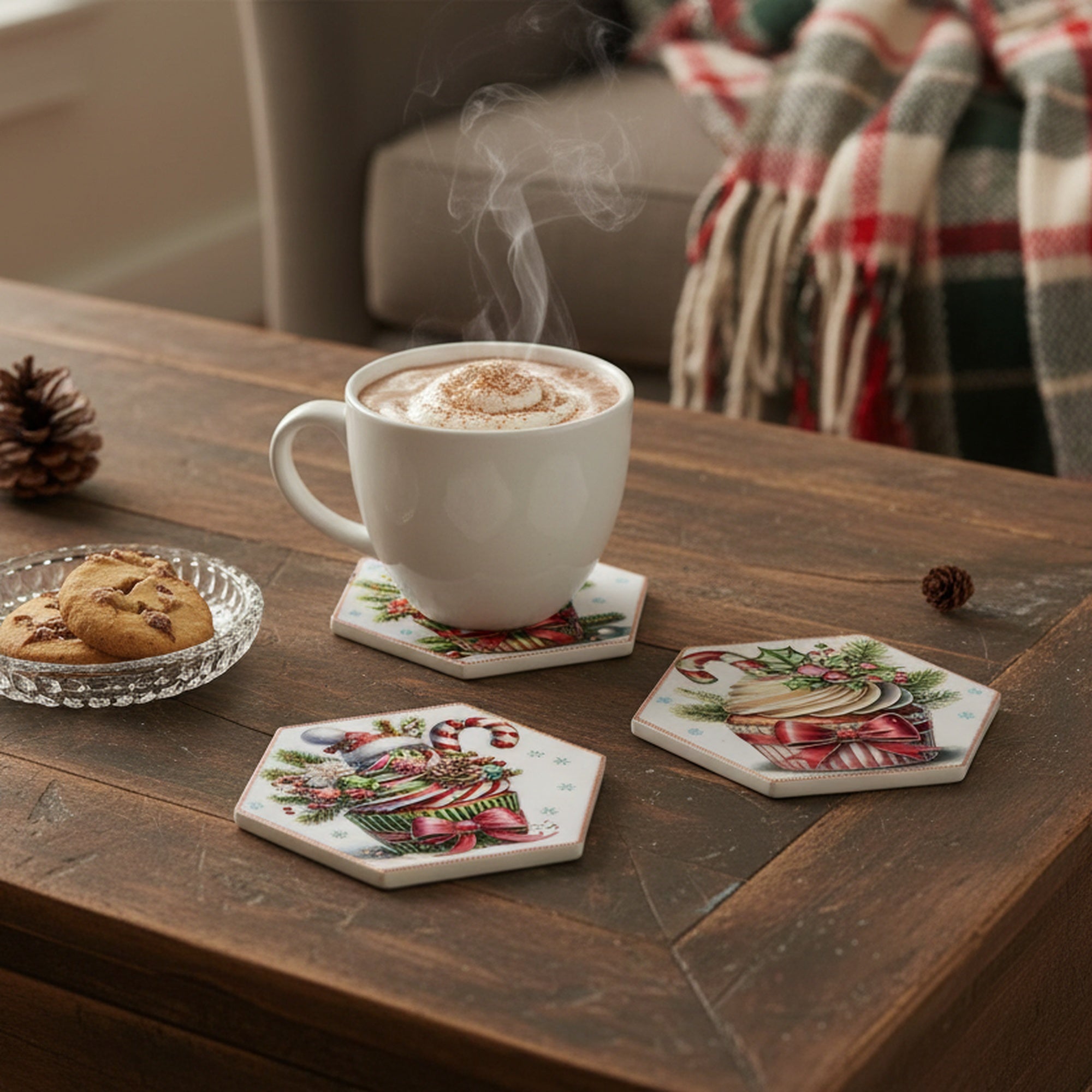 4 Piece Hexagon Ceramic Coasters with Gold Foil Cupcake, Holiday Decor