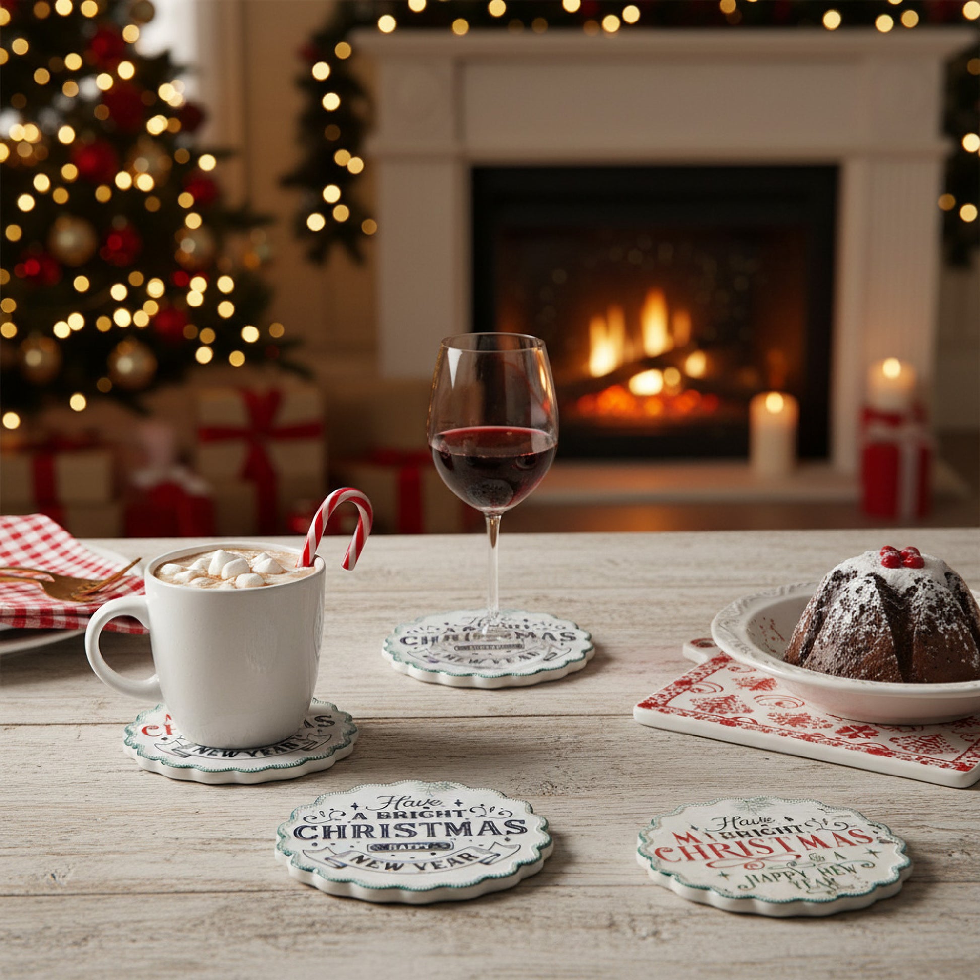 4 Piece Scallop Ceramic Coasters Merry Christmas & Hny, Christmas, Holiday Decor