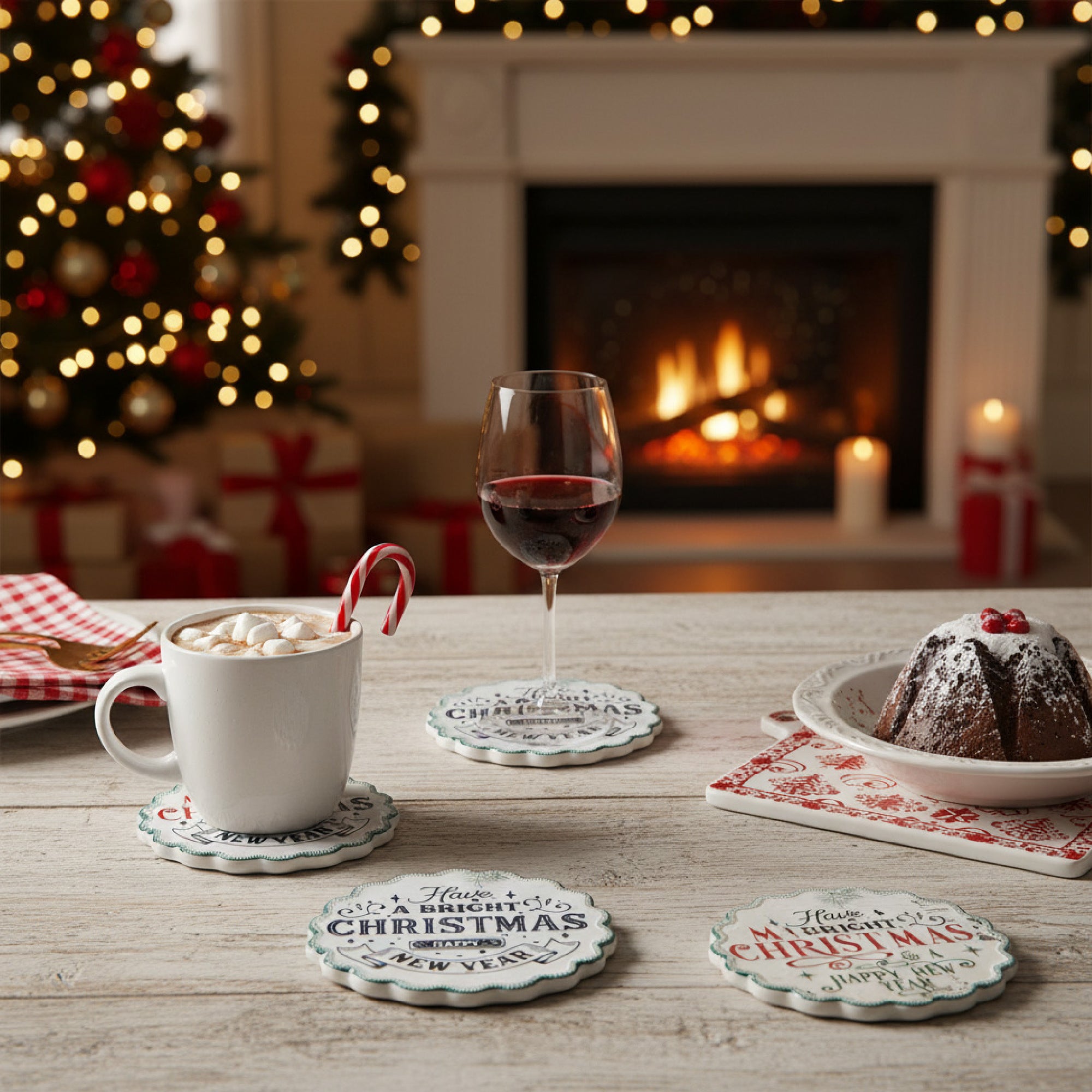 4 Piece Scallop Ceramic Coasters Merry Christmas & Hny, Christmas, Holiday Decor