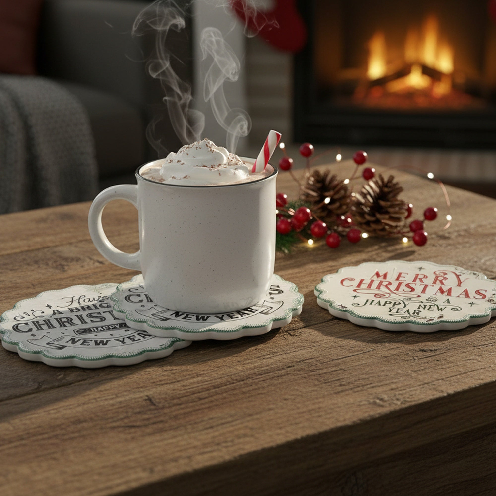 4 Piece Scallop Ceramic Coasters Merry Christmas & Hny, Christmas, Holiday Decor