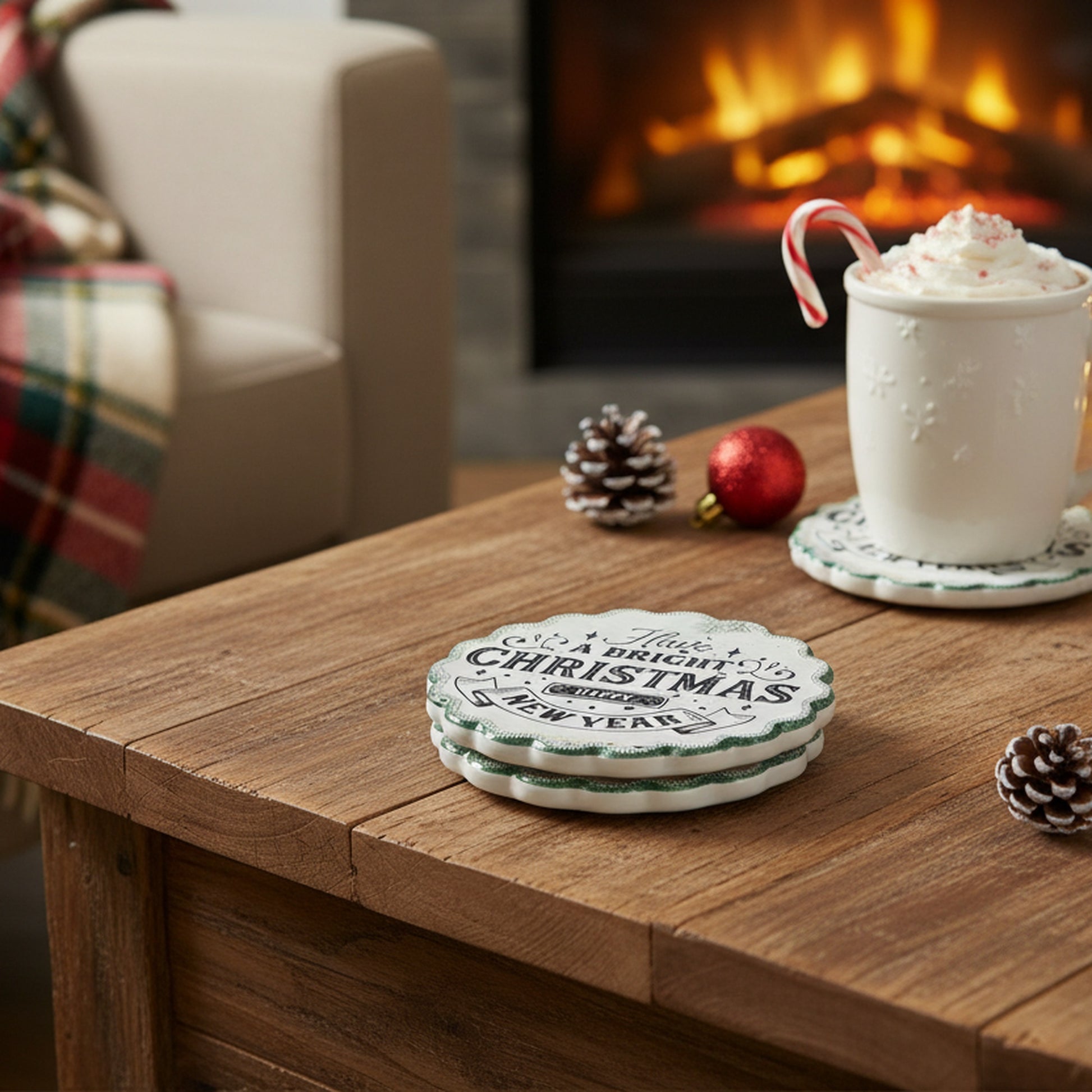 4 Piece Scallop Ceramic Coasters Merry Christmas & Hny, Christmas, Holiday Decor