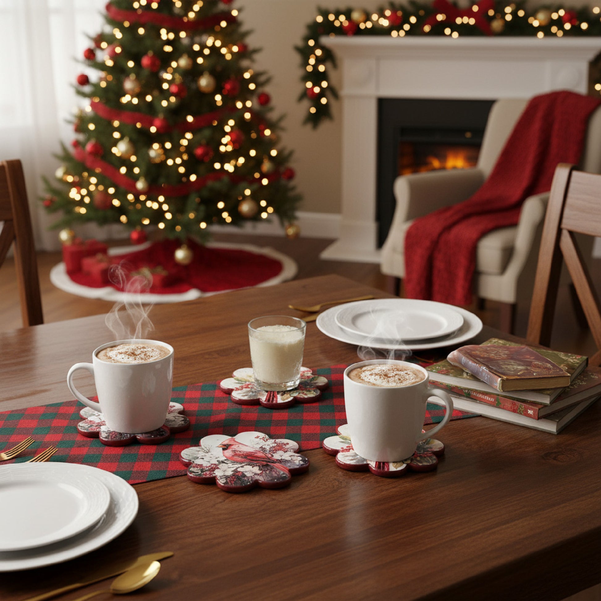 4 Piece Scallop Ceramic Coasters Cardinal, Christmas, Holiday Decor