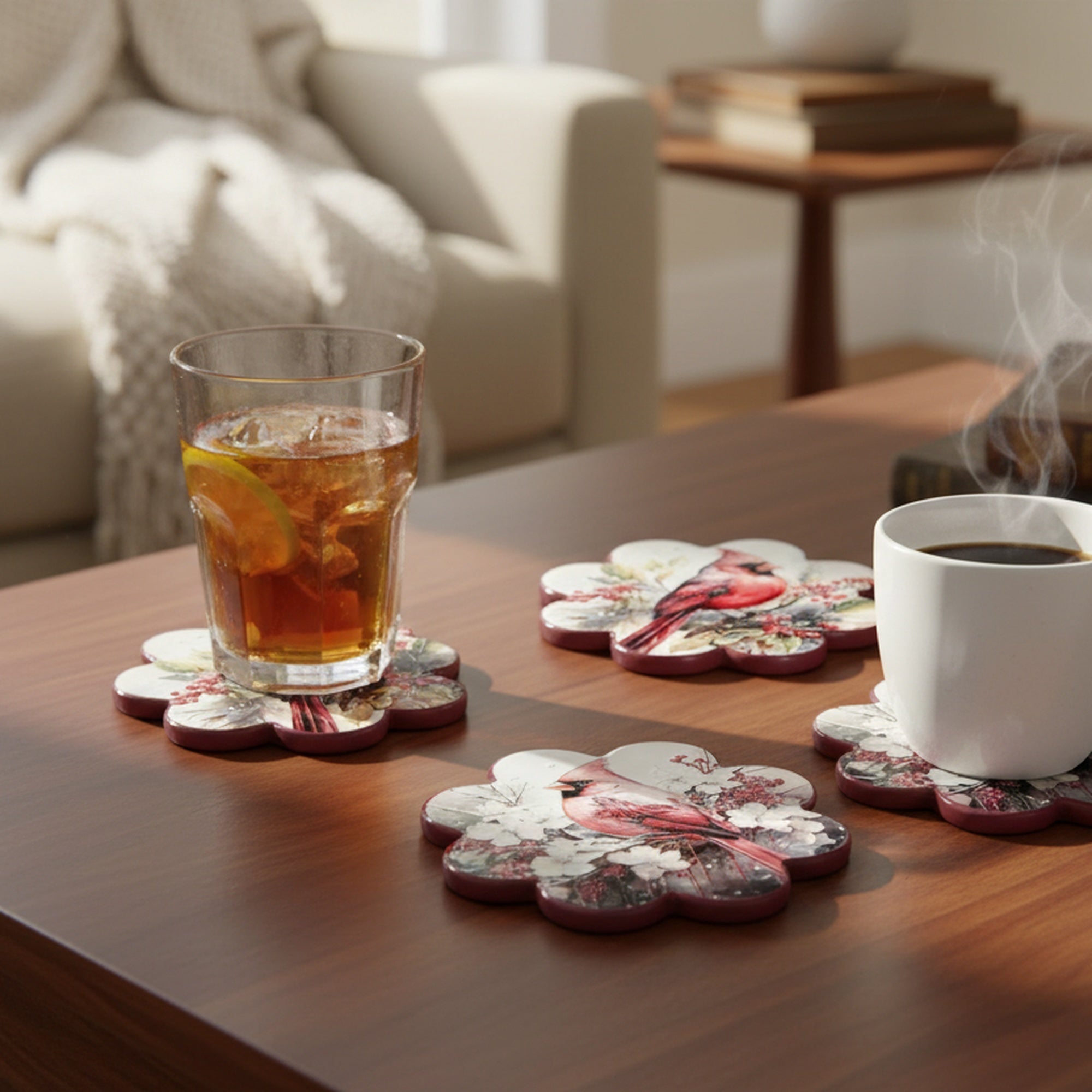 4 Piece Scallop Ceramic Coasters Cardinal, Christmas, Holiday Decor