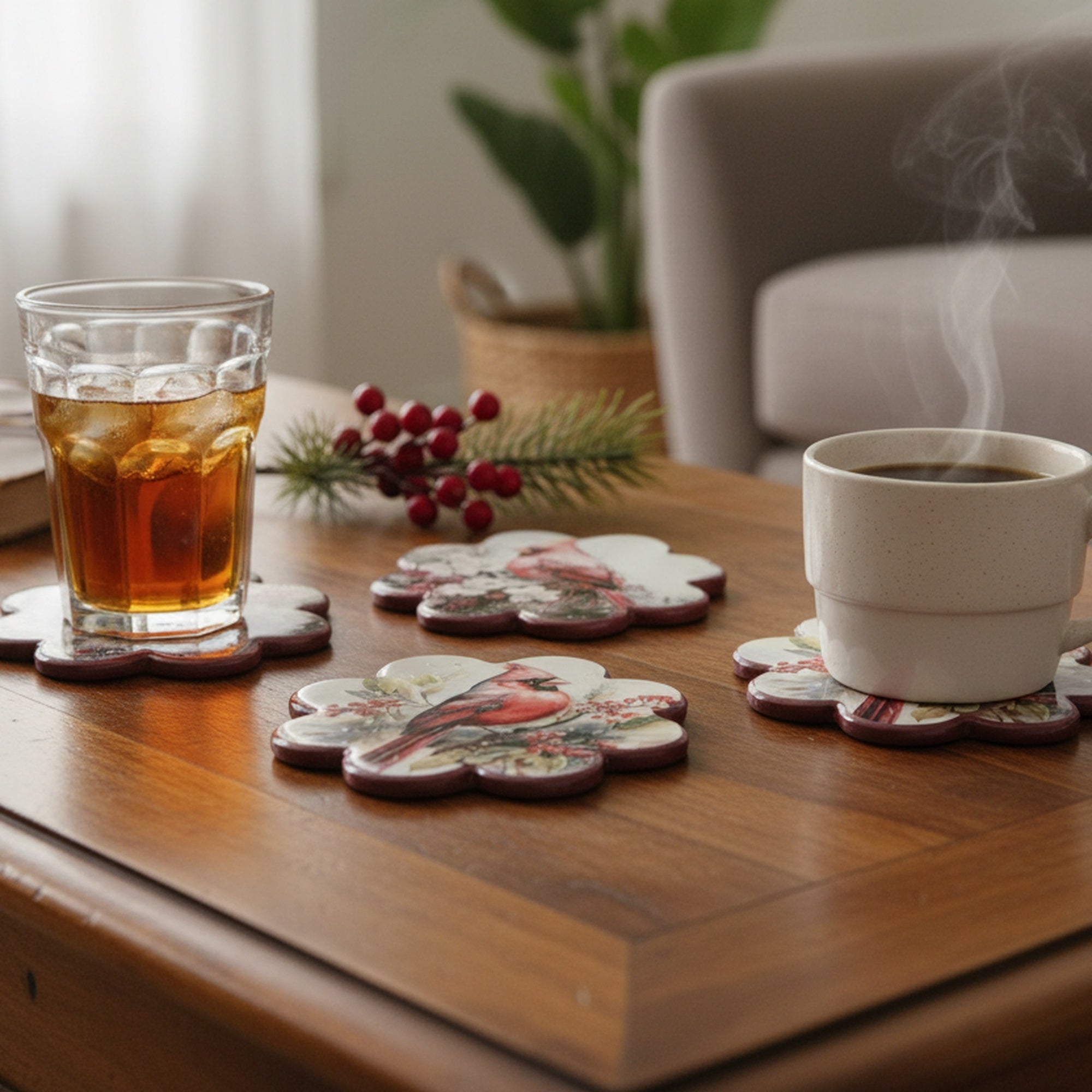 4 Piece Scallop Ceramic Coasters Cardinal, Christmas, Holiday Decor