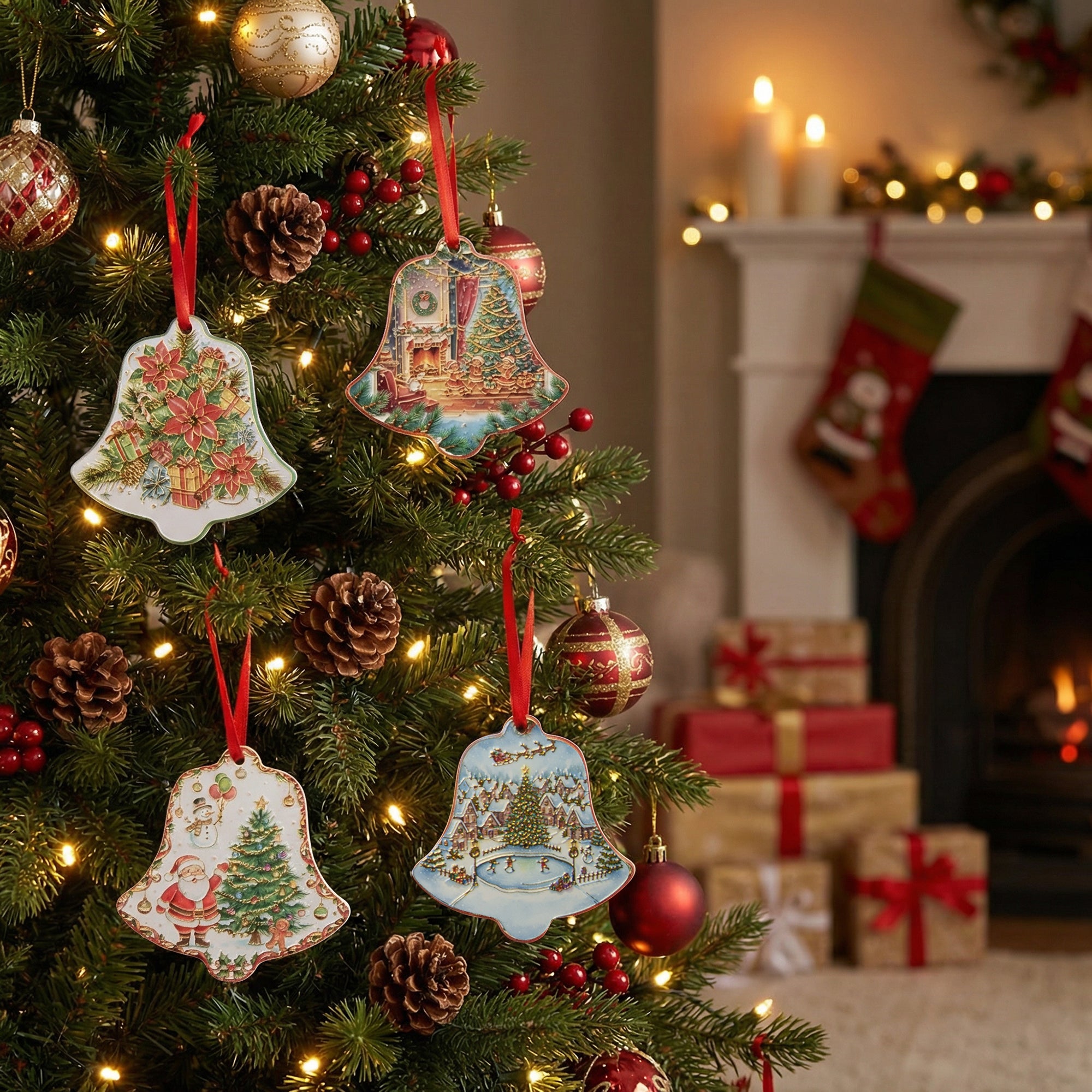 Shaped Ceramic Ornament with Gold Foil Bell Assorted, Ornament, Holiday Decor- Set of 4