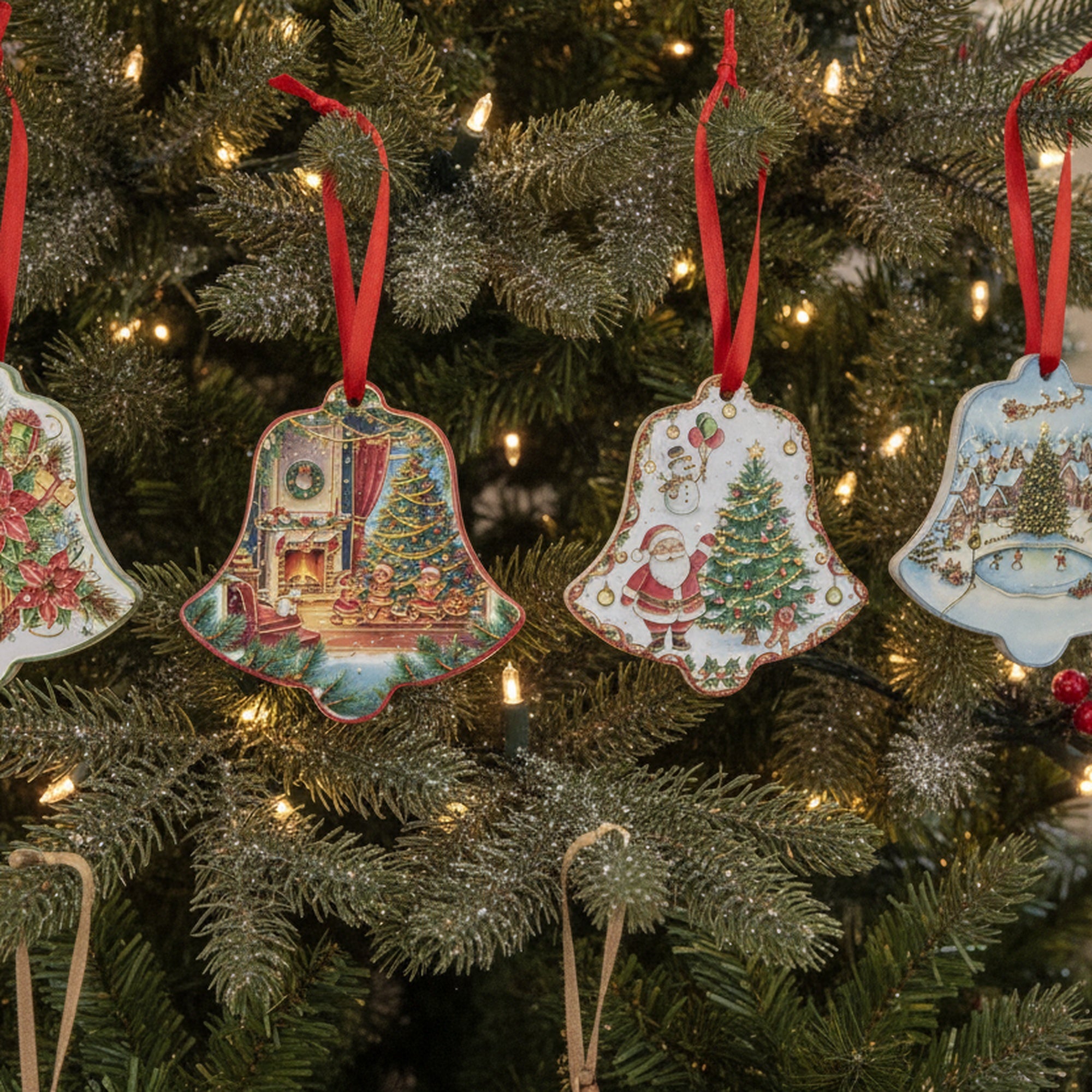 Shaped Ceramic Ornament with Gold Foil Bell Assorted, Ornament, Holiday Decor- Set of 4