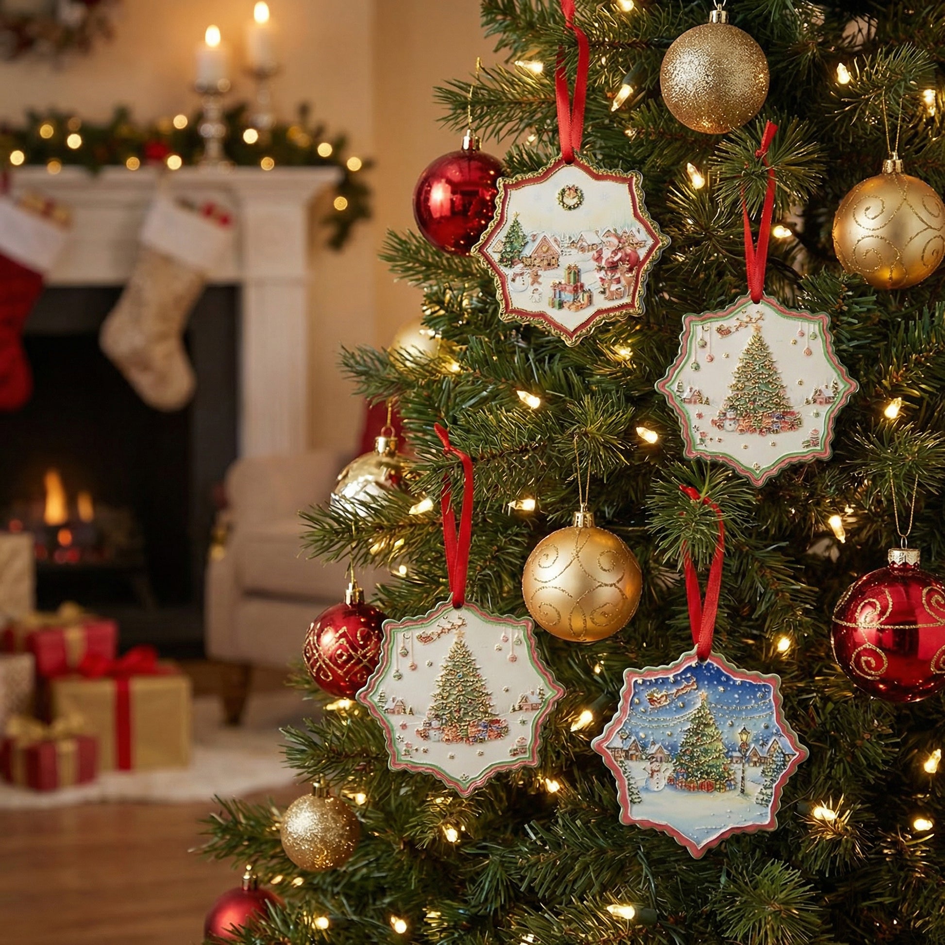 Shaped Ceramic Ornament with Gold Foil Snowflake Assorted, Christmas, Ornament, Holiday Decor- Set of 4