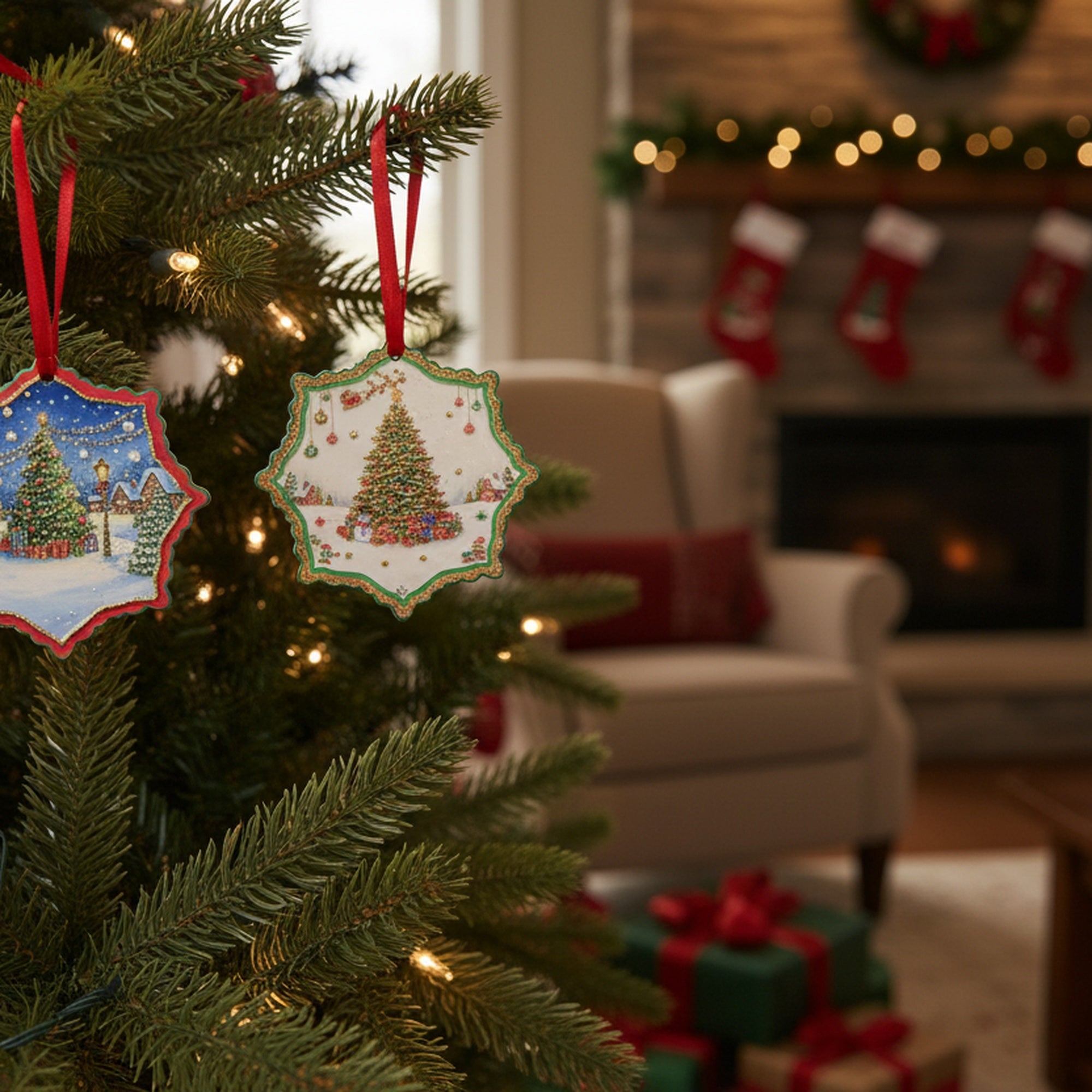 Shaped Ceramic Ornament with Gold Foil Snowflake Assorted, Christmas, Ornament, Holiday Decor- Set of 4