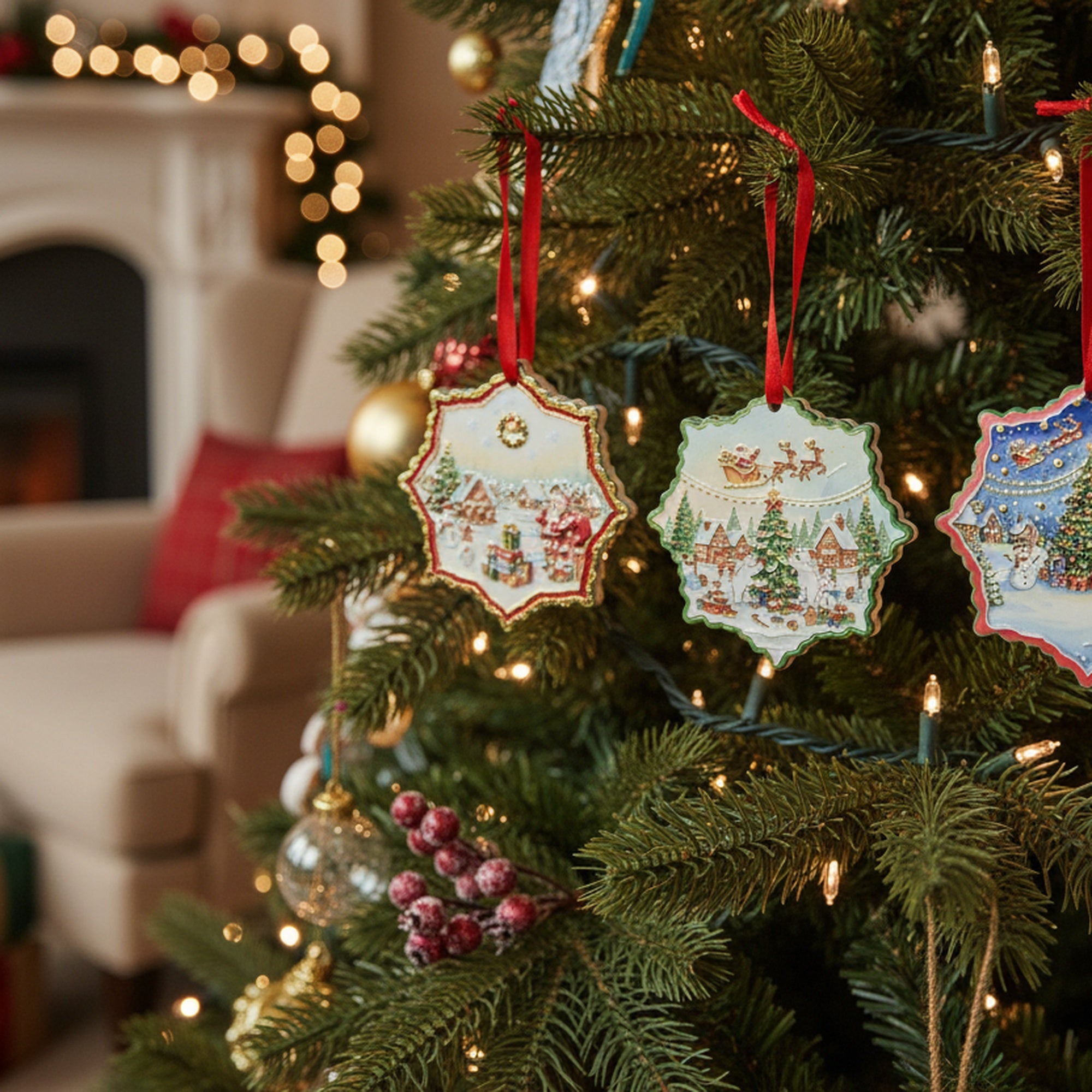 Shaped Ceramic Ornament with Gold Foil Snowflake Assorted, Christmas, Ornament, Holiday Decor- Set of 4