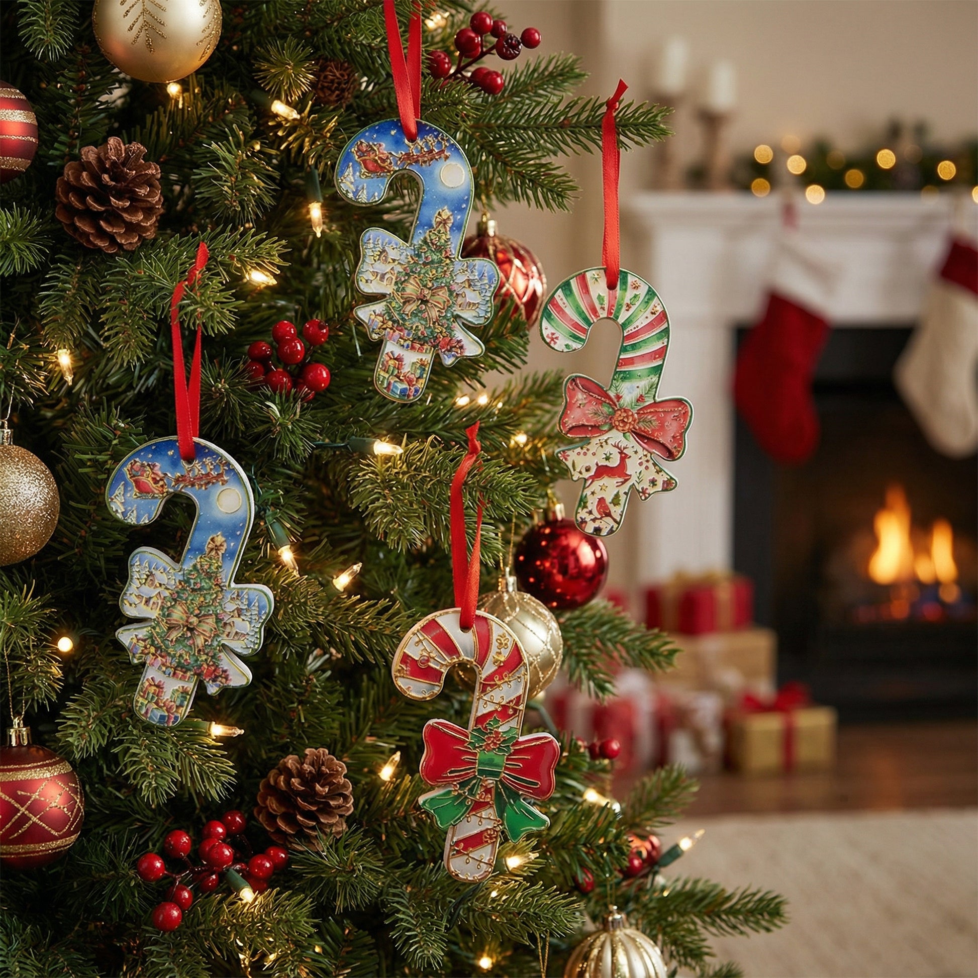 Shaped Ceramic Ornament with Gold Foil Candycane Assorted, Ornament, Holiday Decor- Set of 4