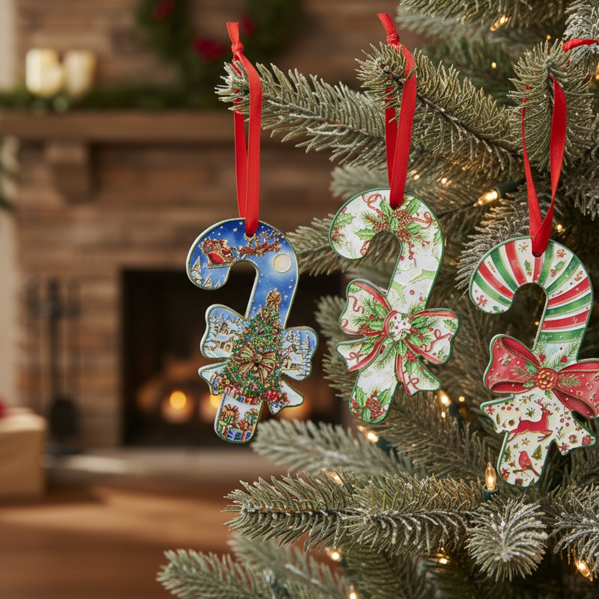 Shaped Ceramic Ornament with Gold Foil Candycane Assorted, Ornament, Holiday Decor- Set of 4