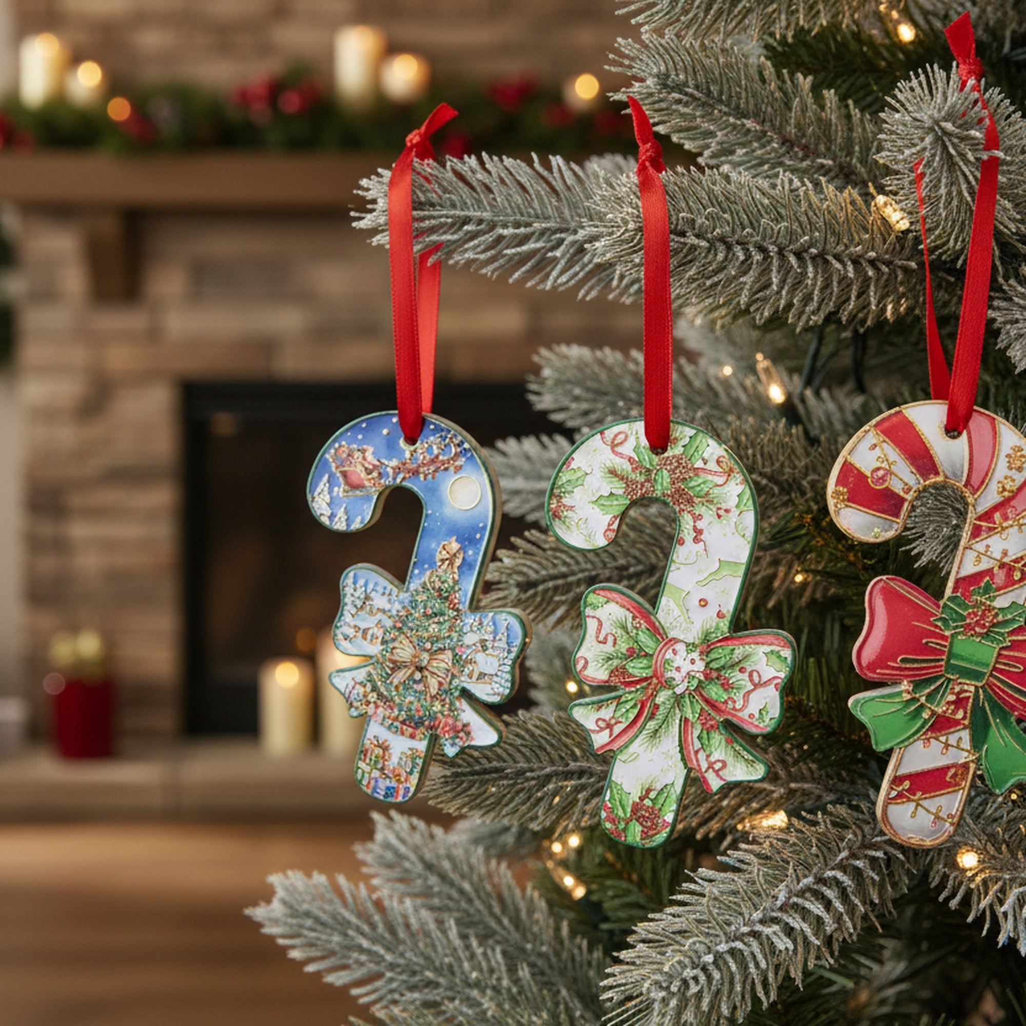 Shaped Ceramic Ornament with Gold Foil Candycane Assorted, Ornament, Holiday Decor- Set of 4