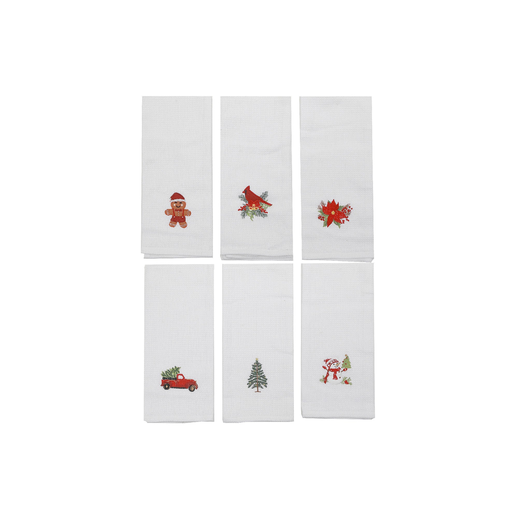 Embroidered Waffle Kitchen Towel – White, Assorted Designs, Set of 6