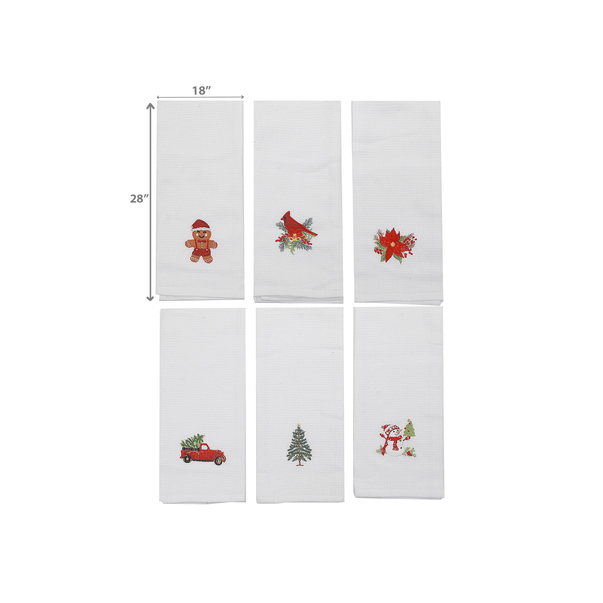 Embroidered Waffle Kitchen Towel – White, Assorted Designs, Set of 6