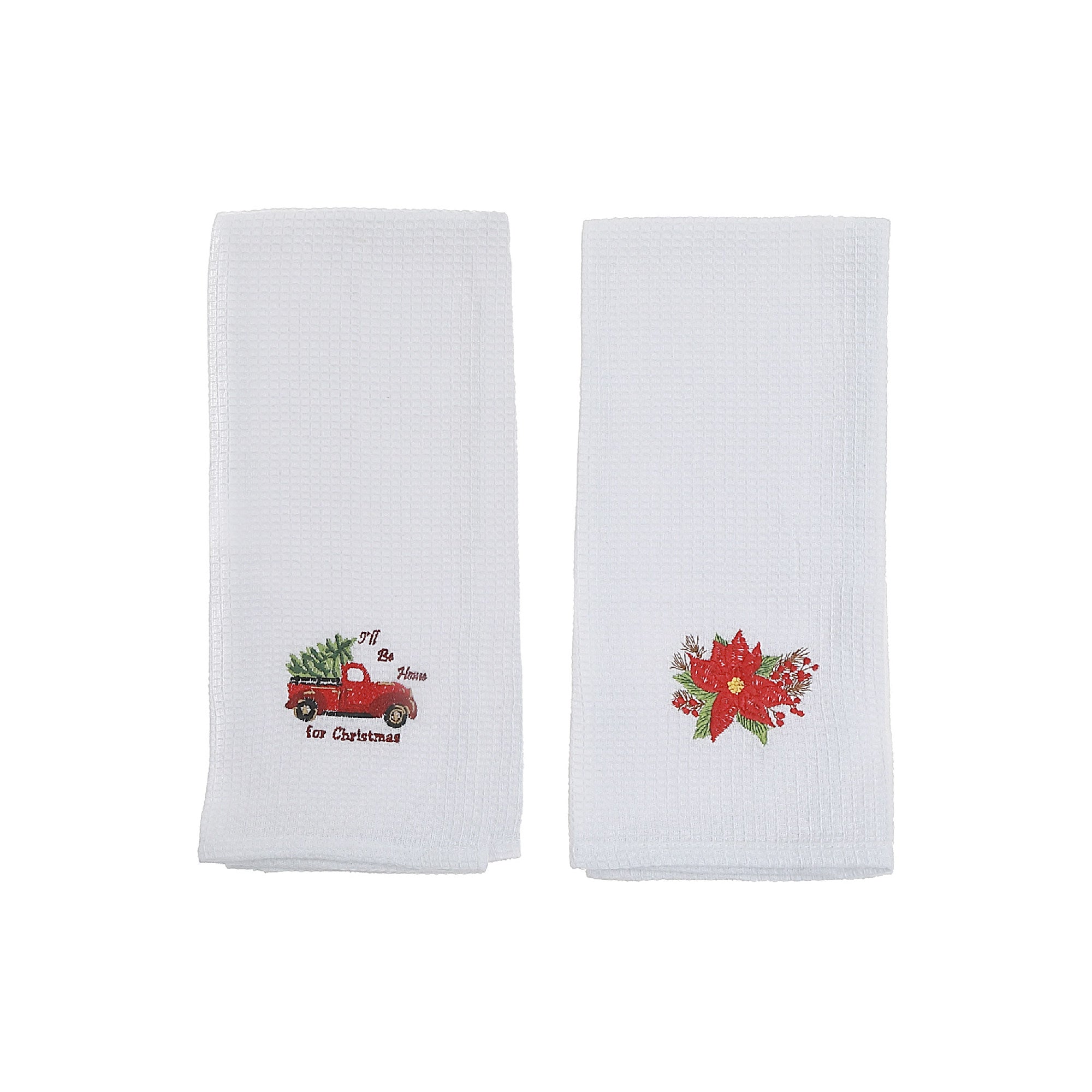 Embroidered Waffle Kitchen Towel – White, Assorted Designs, Set of 6
