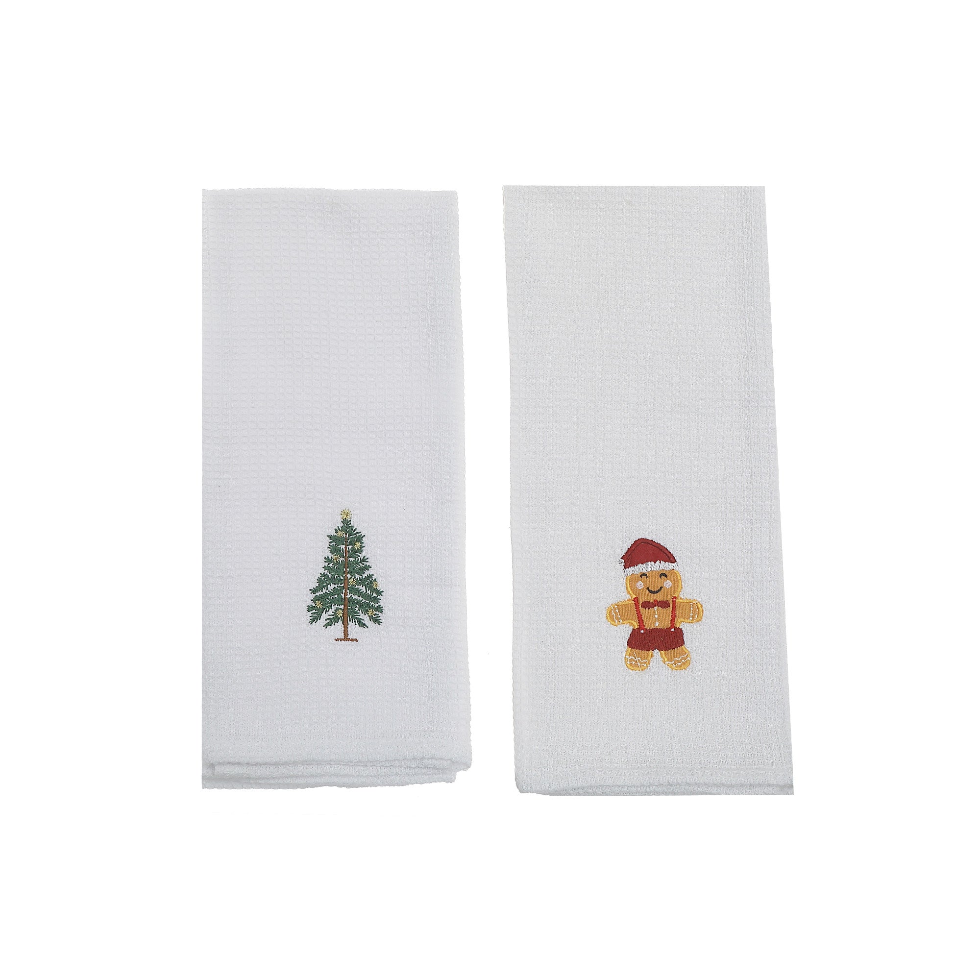 Embroidered Waffle Kitchen Towel – White, Assorted Designs, Set of 6