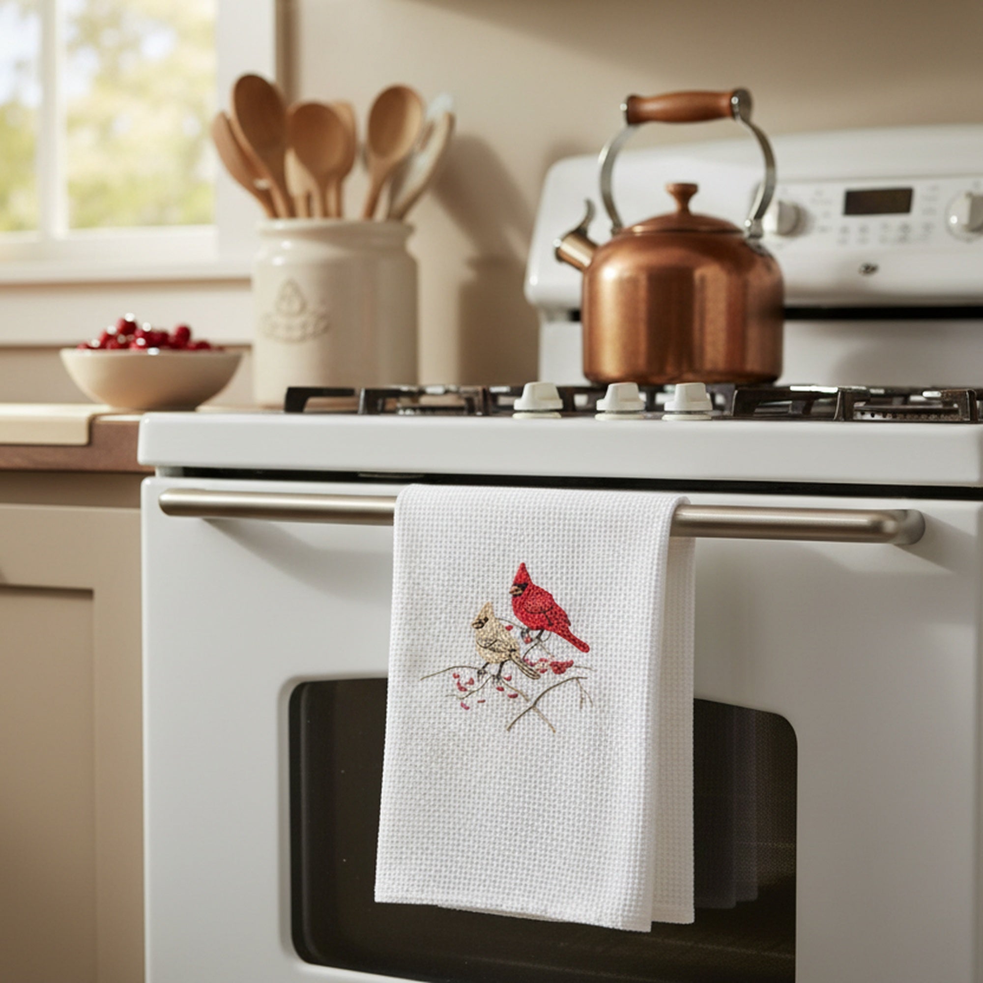 Embroidered White Waffle Kitchen Towel Double Cardinal, Christmas, Kitchen Towel, Holiday Decor- Set of 6