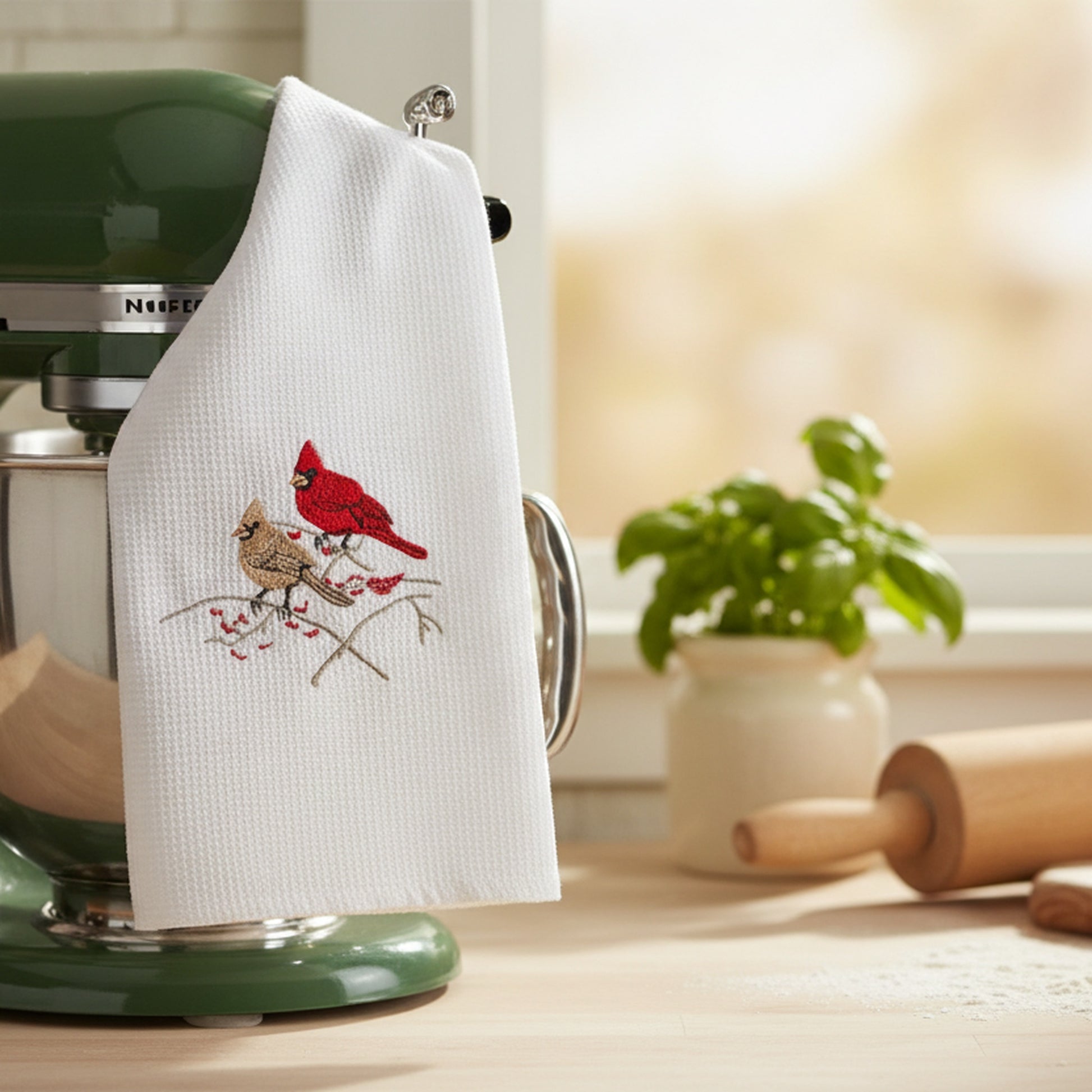Embroidered White Waffle Kitchen Towel Double Cardinal, Christmas, Kitchen Towel, Holiday Decor- Set of 6