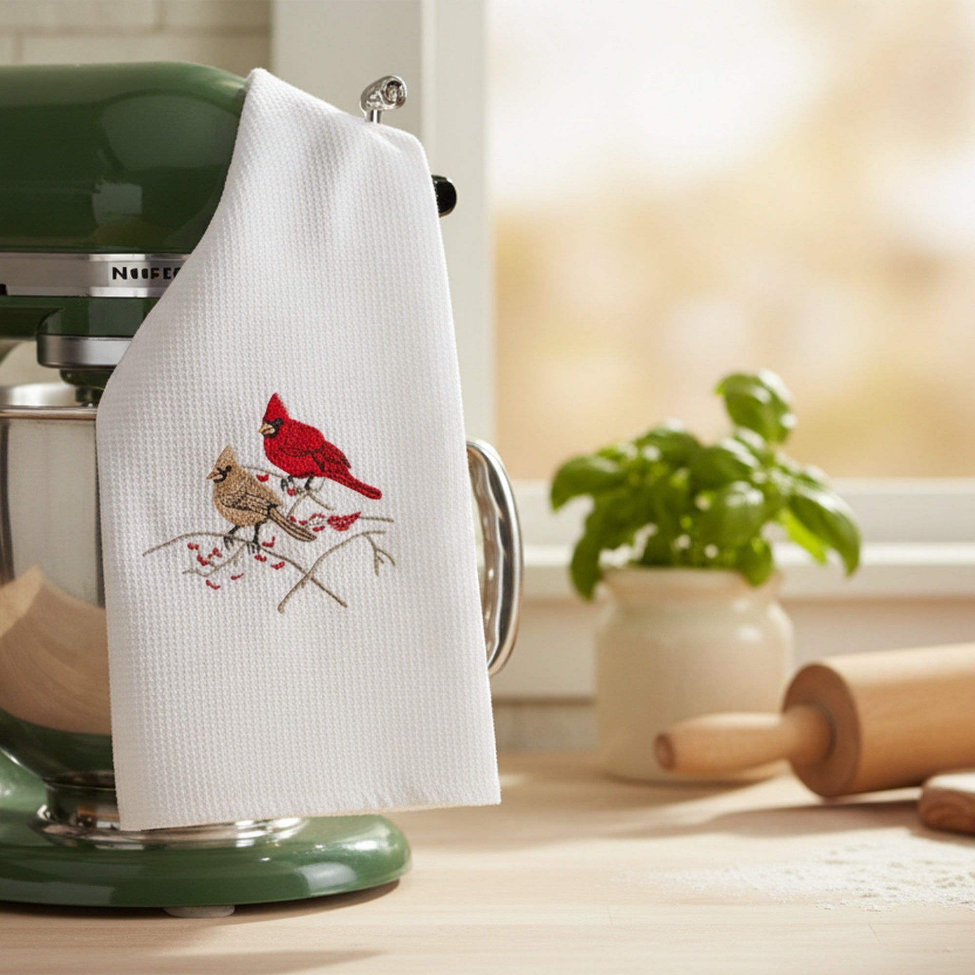 Embroidered White Waffle Kitchen Towel Double Cardinal, Christmas, Kitchen Towel, Holiday Decor- Set of 6