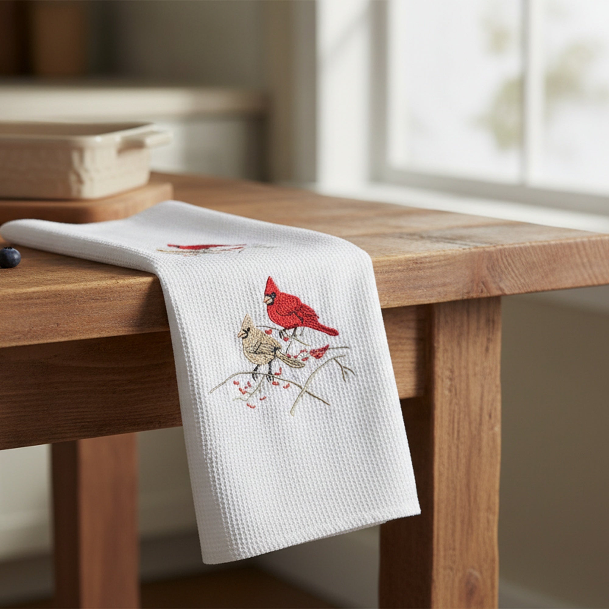 Embroidered White Waffle Kitchen Towel Double Cardinal, Christmas, Kitchen Towel, Holiday Decor- Set of 6