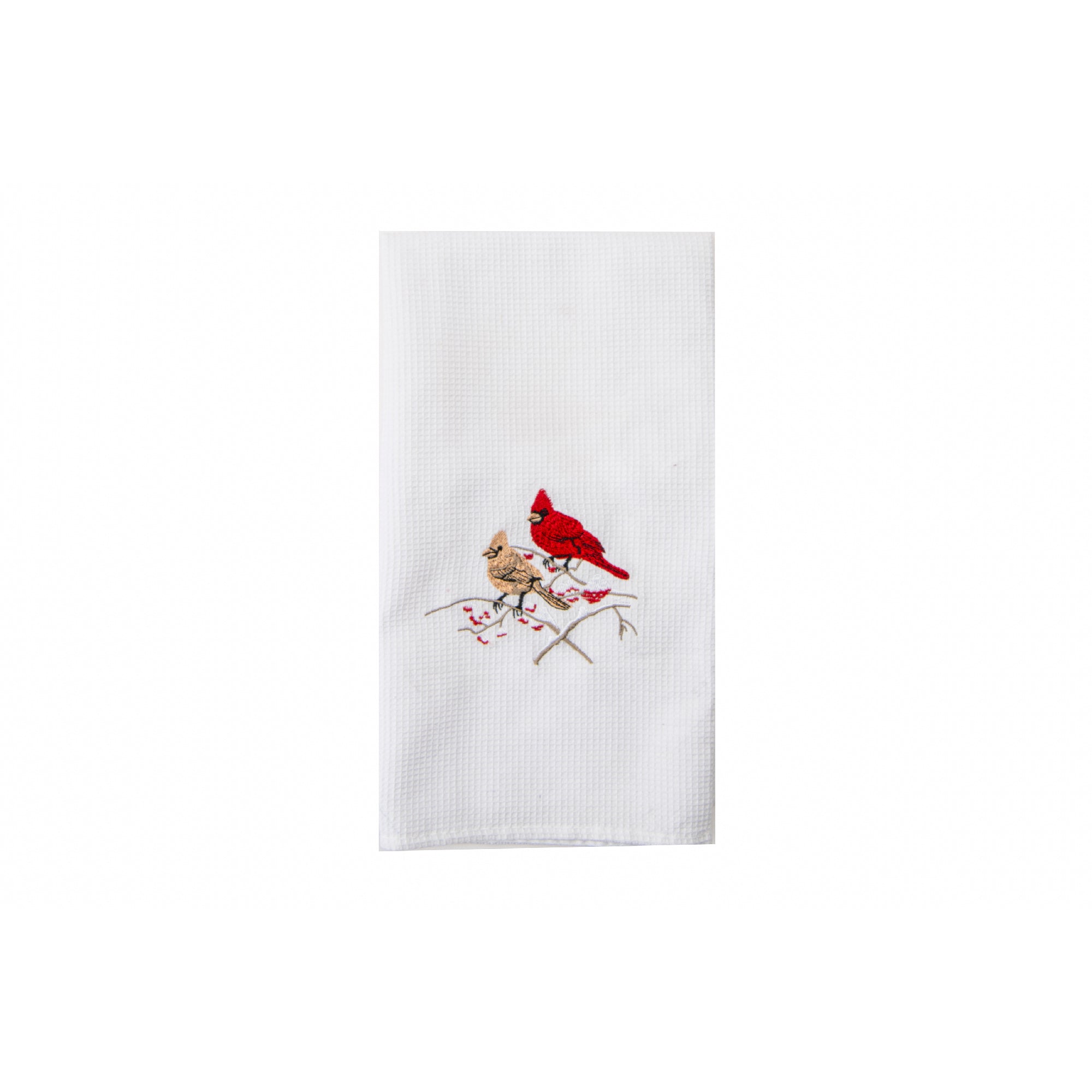 Embroidered White Waffle Kitchen Towel Double Cardinal, Christmas, Kitchen Towel, Holiday Decor- Set of 6