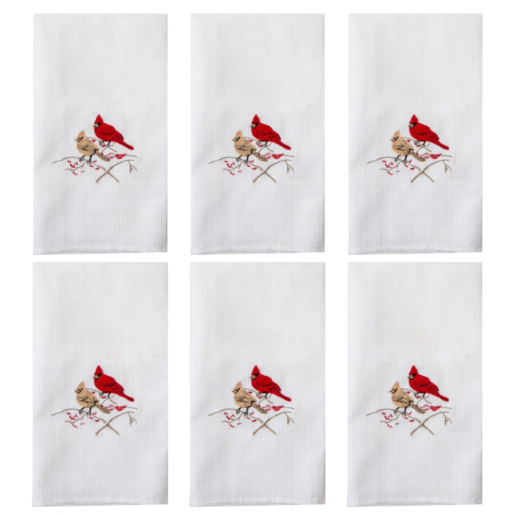 Embroidered White Waffle Kitchen Towel Double Cardinal, Christmas, Kitchen Towel, Holiday Decor- Set of 6