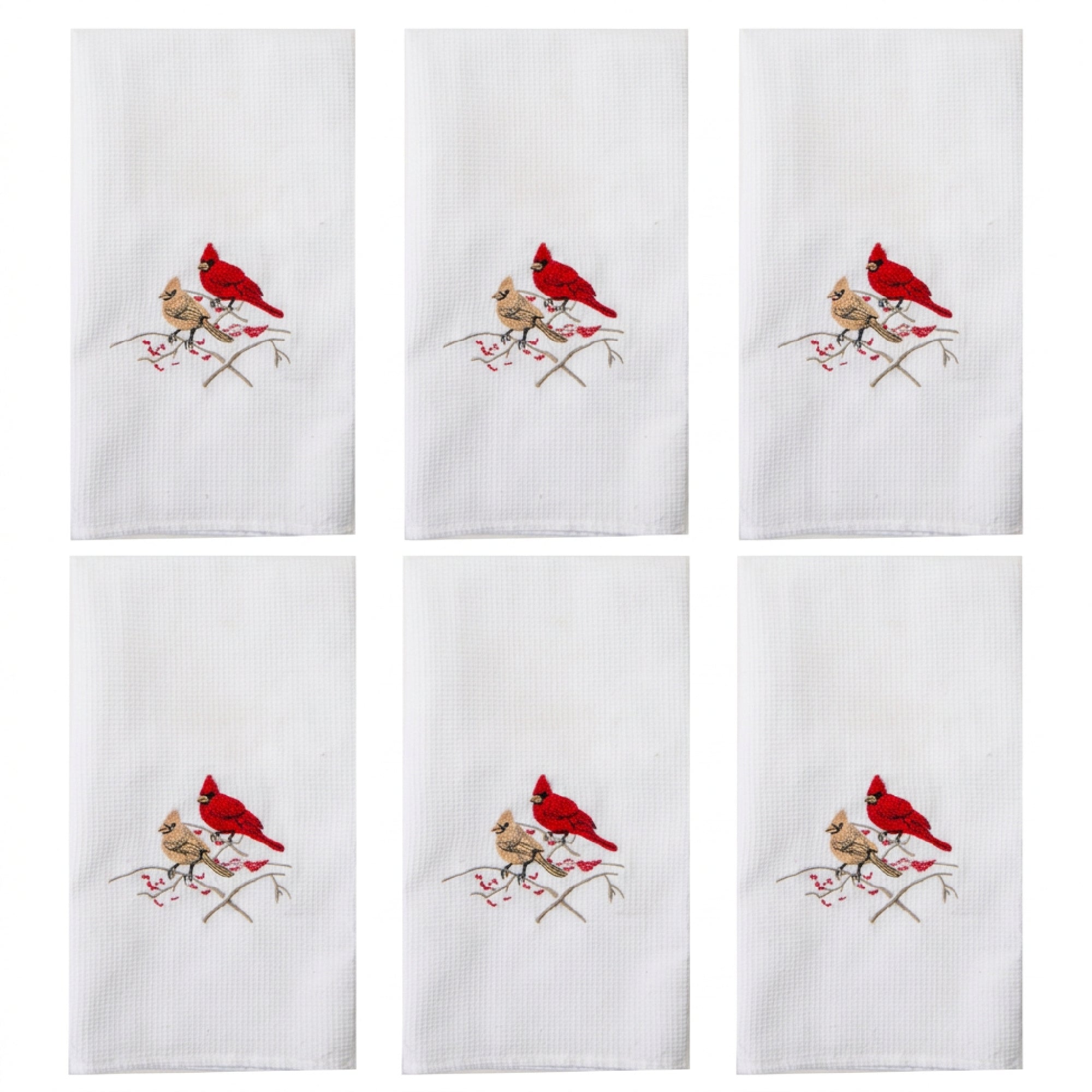 Embroidered White Waffle Kitchen Towel Double Cardinal, Christmas, Kitchen Towel, Holiday Decor- Set of 6