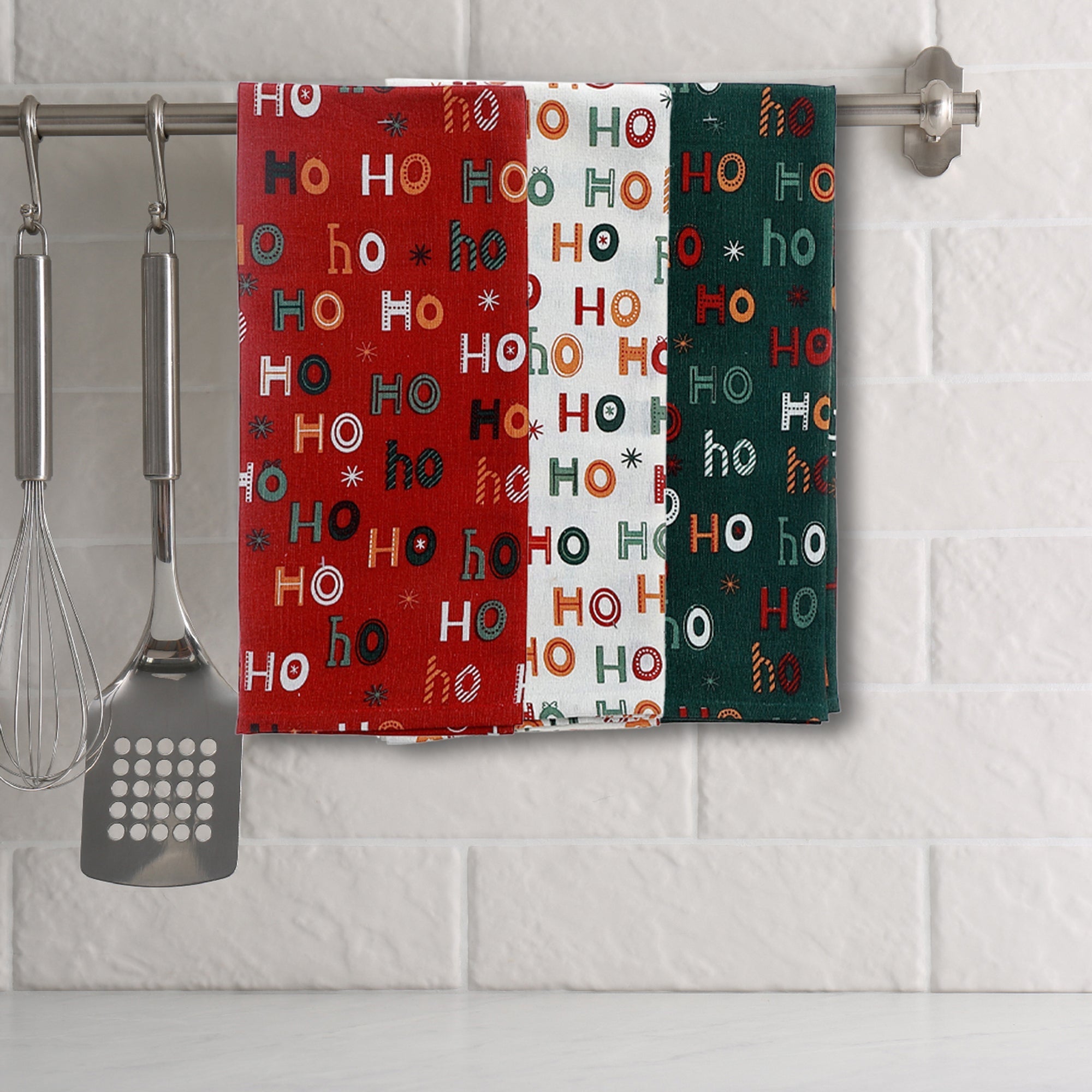 Hohoho Kitchen Towel Set of 3 – Christmas Kitchen Linens, Holiday Cooking & Baking Accent, Festive Dish Towels