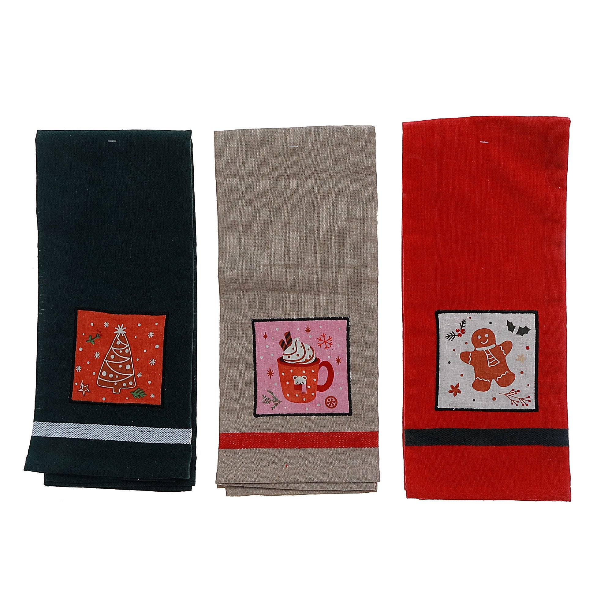 Embedded Holiday Print Solid Cotton Kitchen Towel Set of 3 – Christmas Kitchen Linens, Holiday Cooking & Baking Accent, Festive Dish Towels