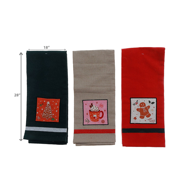 Embedded Holiday Print On Solid Cotton Kitchen Towel (Asstd) - Set of 3