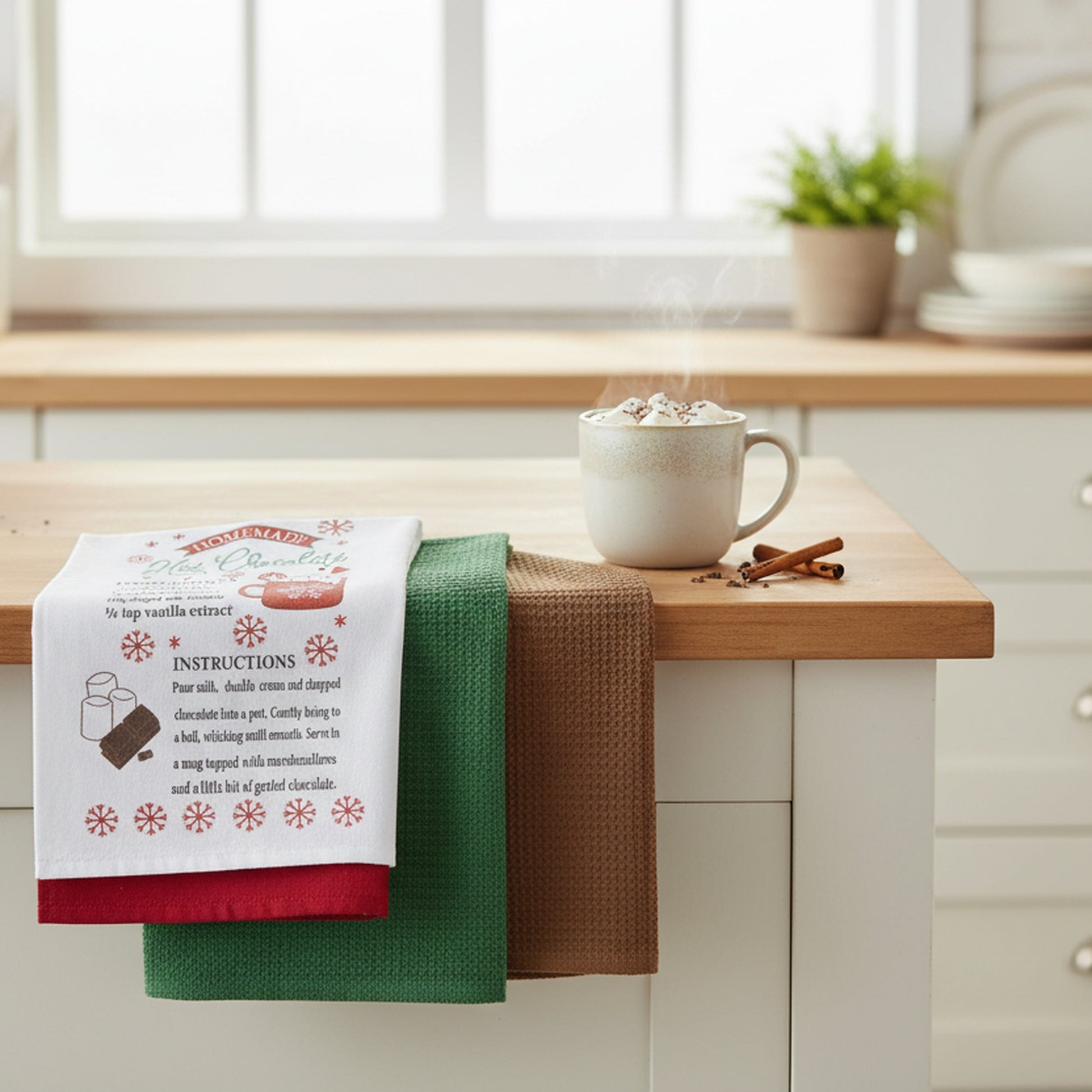 Kitchen Towel Set of 3 Piece Hot Chocolate/Solid/Waffle, Christmas, Kitchen Towel, Holiday Decor
