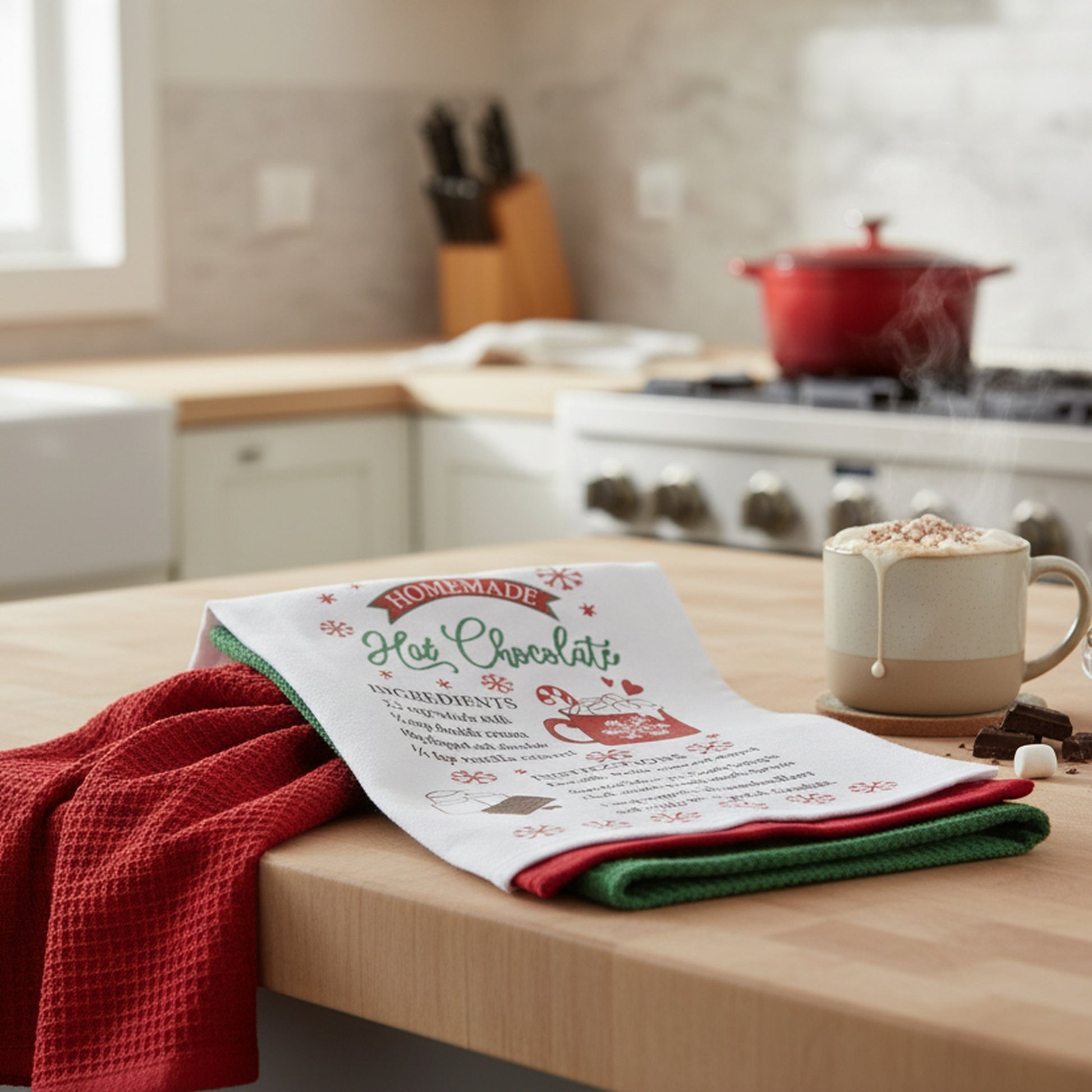 Kitchen Towel Set of 3 Piece Hot Chocolate/Solid/Waffle, Christmas, Kitchen Towel, Holiday Decor