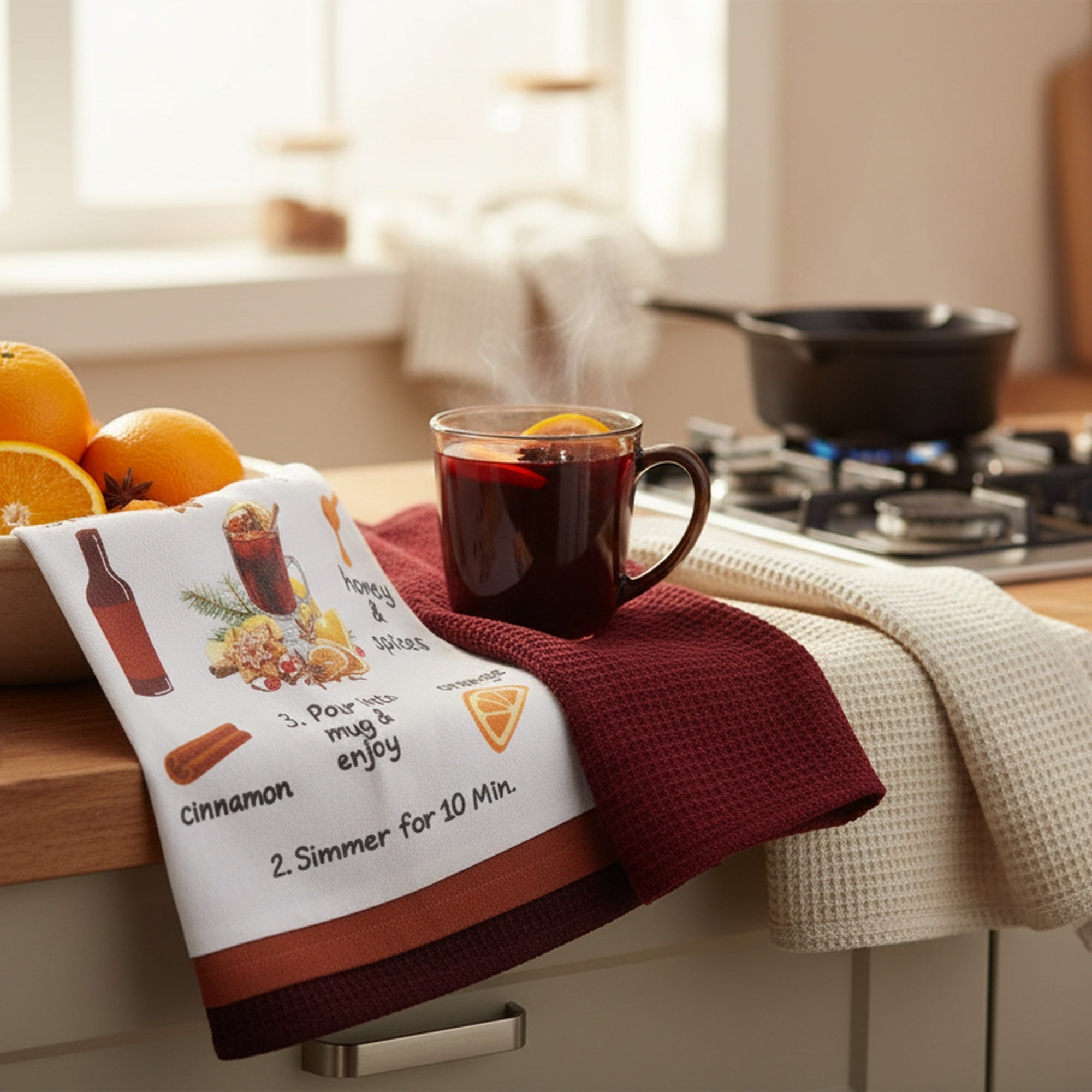 Kitchen Towel Set of 3 Piece Mulled Wine/Solid/Waffle, Kitchen Towel, Holiday Decor
