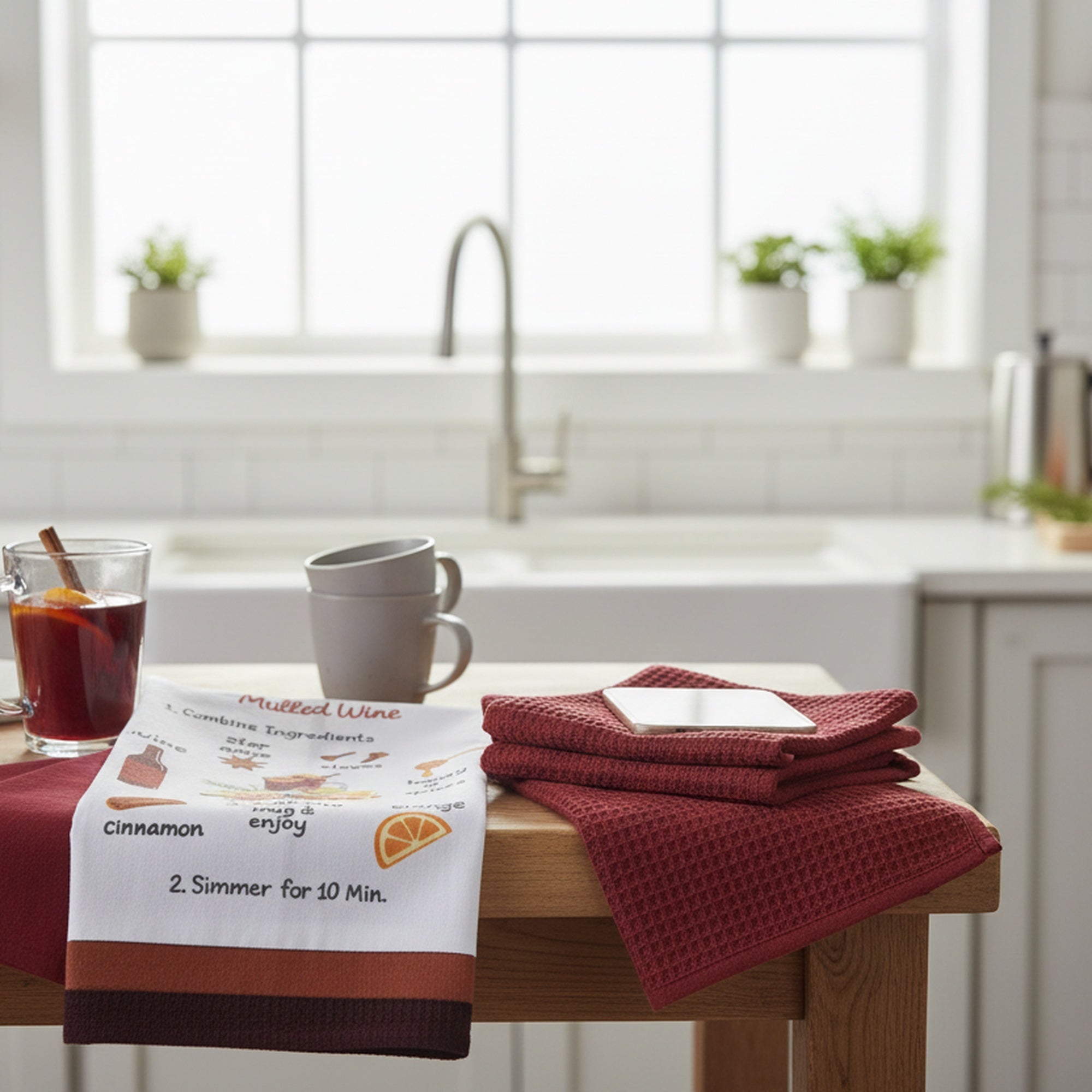 Kitchen Towel Set of 3 Piece Mulled Wine/Solid/Waffle, Kitchen Towel, Holiday Decor